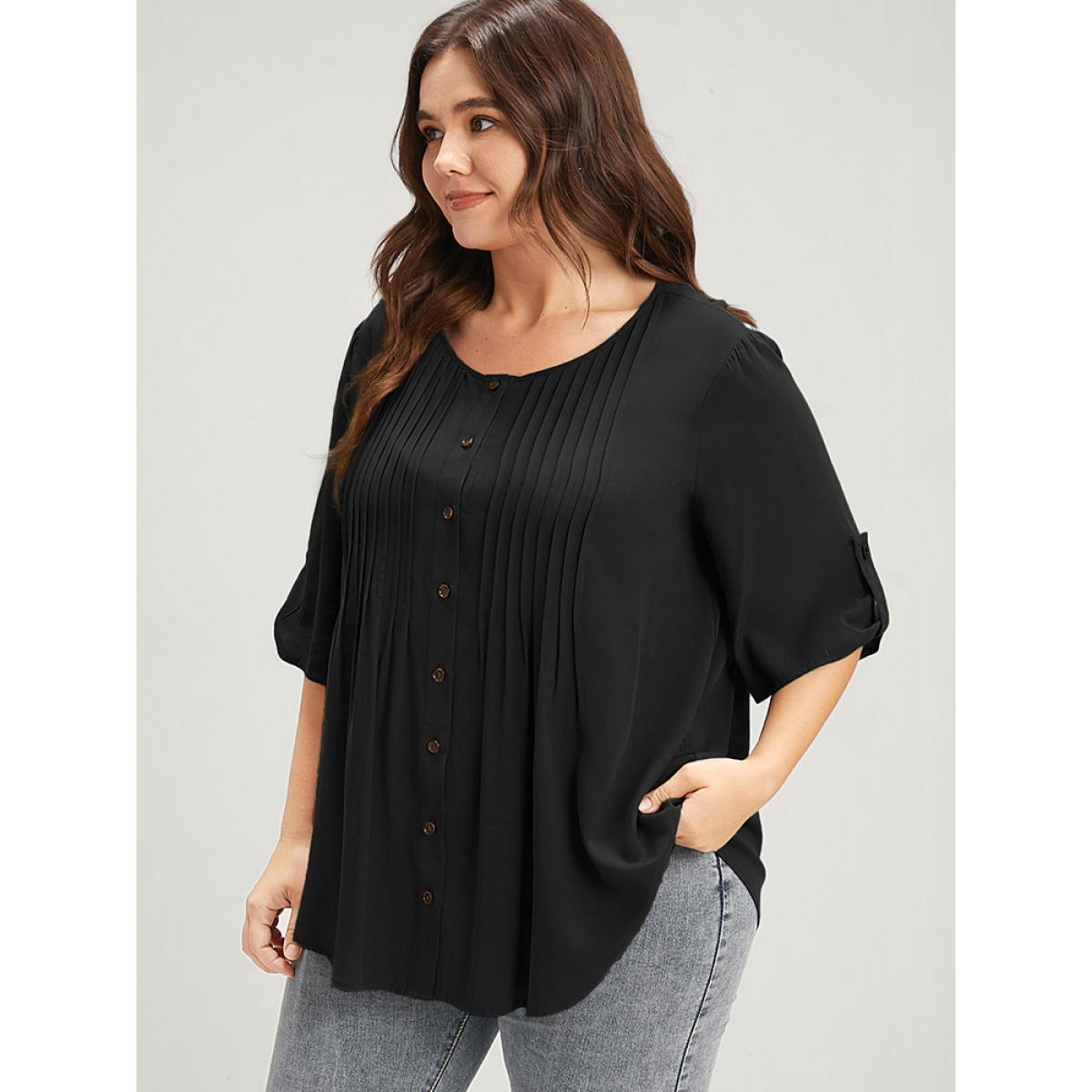 Plus Size Black Solid Button Pleated Round Neck Blouse Women Office Short sleeve Round Neck Work Blouses BloomChic 10/M Product Image