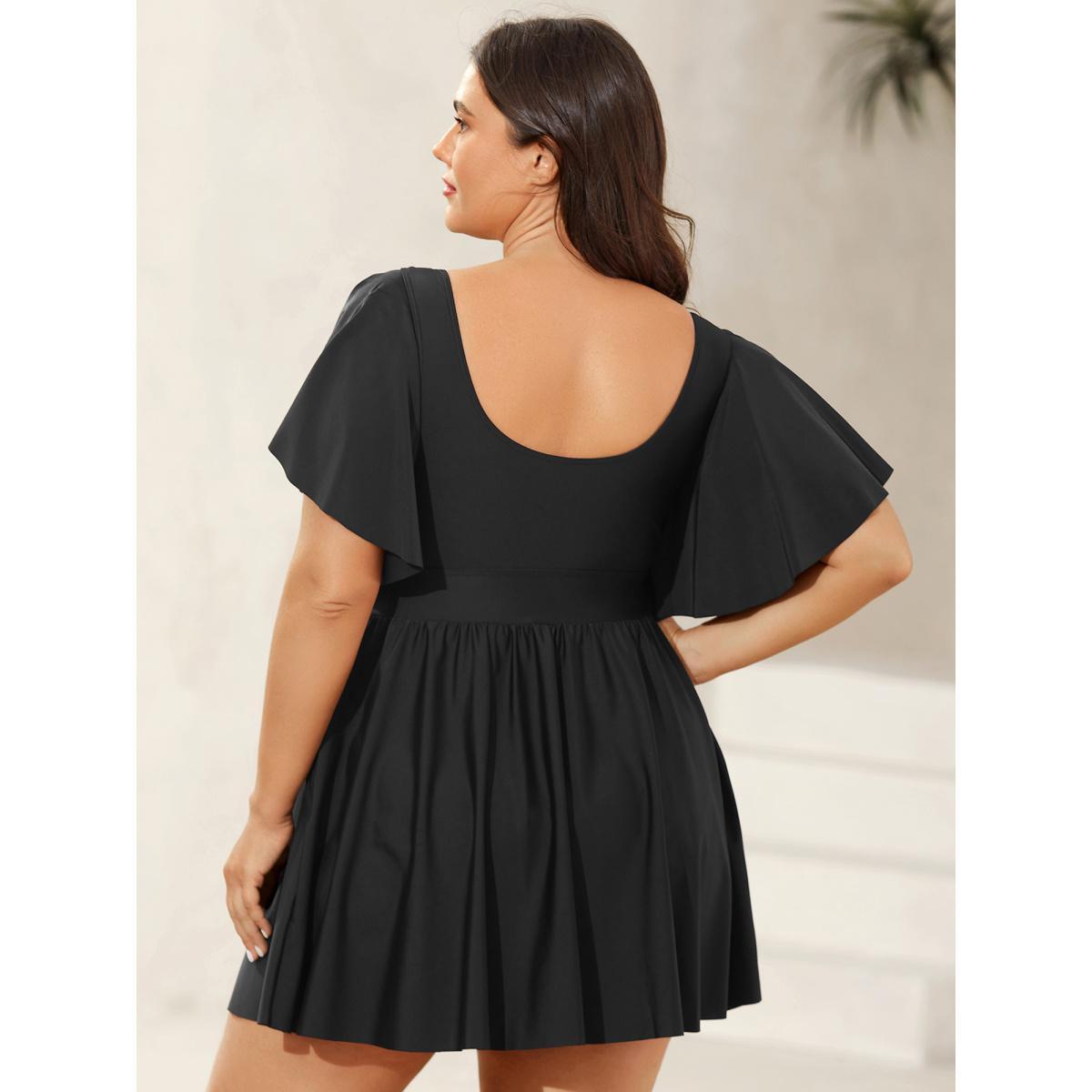 Plus Size Ruffled Sleeve Fit and Flare Swim Dress Women's Swimwear Black Beach Bodycon V-neck High stretch Curve Swim Dresses BloomChic 14-16/1X Product Image