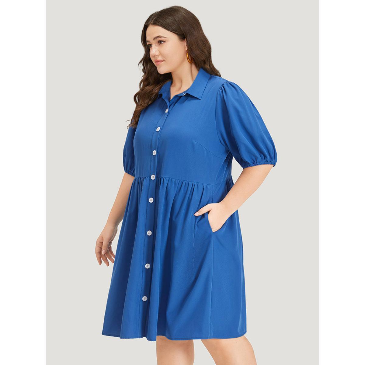 Plus Size Plain Shirt Collar Button Through Gathered Lantern Sleeve Dress Blue Women Elegant Elastic cuffs Shirt collar Half Sleeve Curvy Knee Dress BloomChic 30/6X Product Image