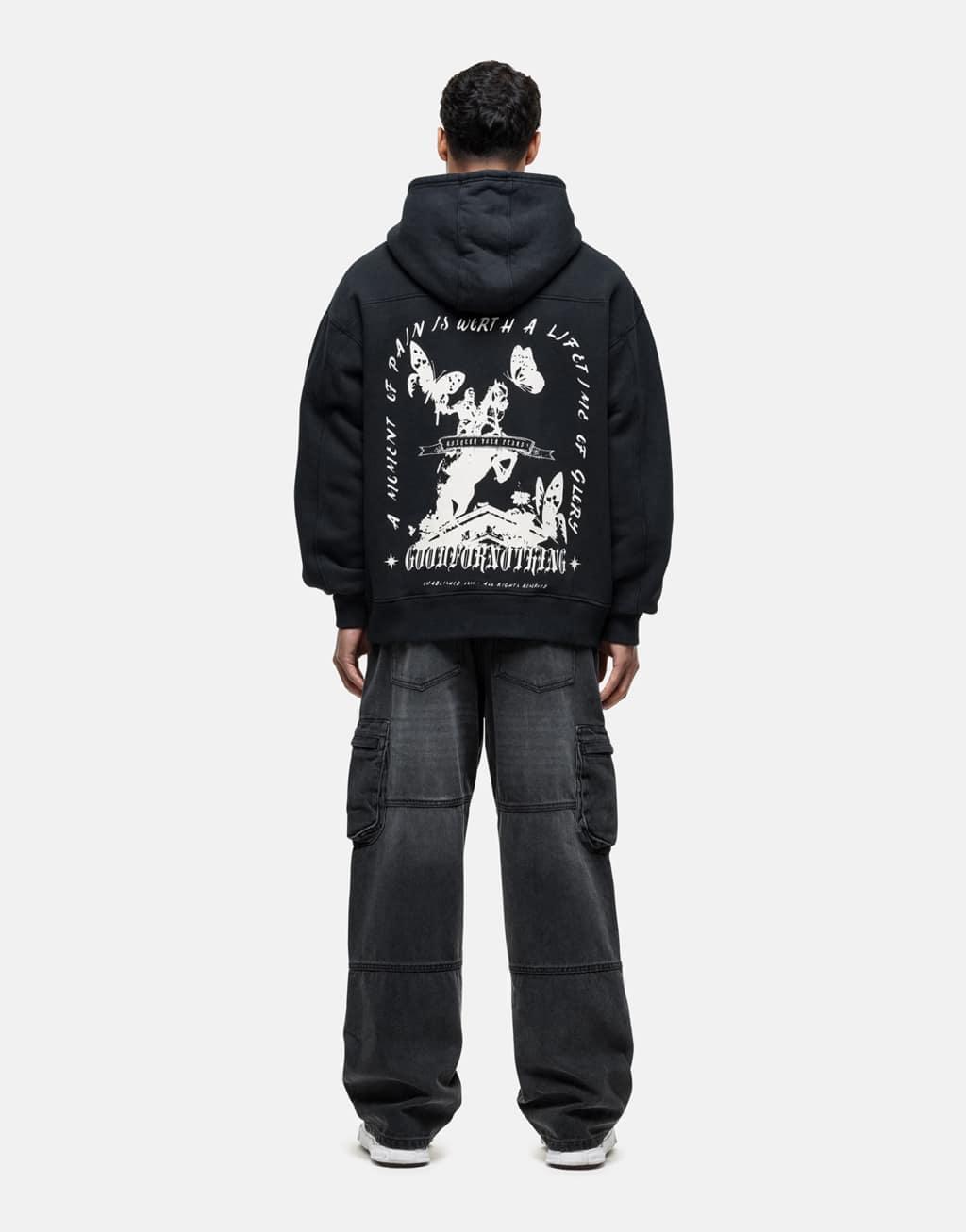 Good For Nothing hoodie with equestrian back print in black  Product Image