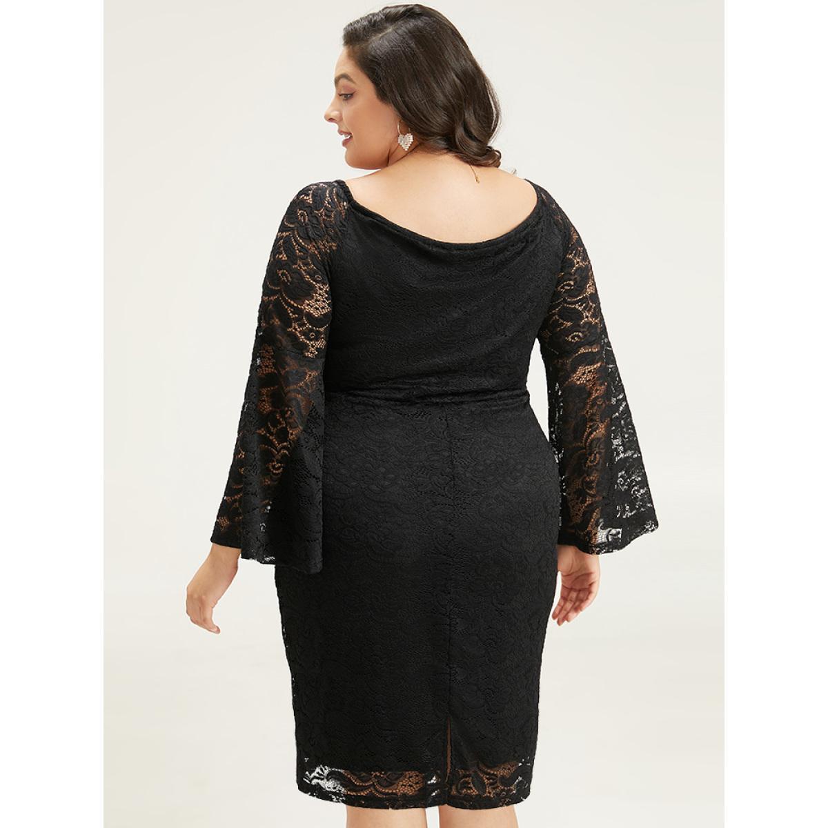 Plus Size Plain Crochet Lace Mesh Bell Sleeve Dress Black Women Glamour Plain Scoop Neck Long Sleeve Curvy Knee Dress BloomChic 12/L Product Image