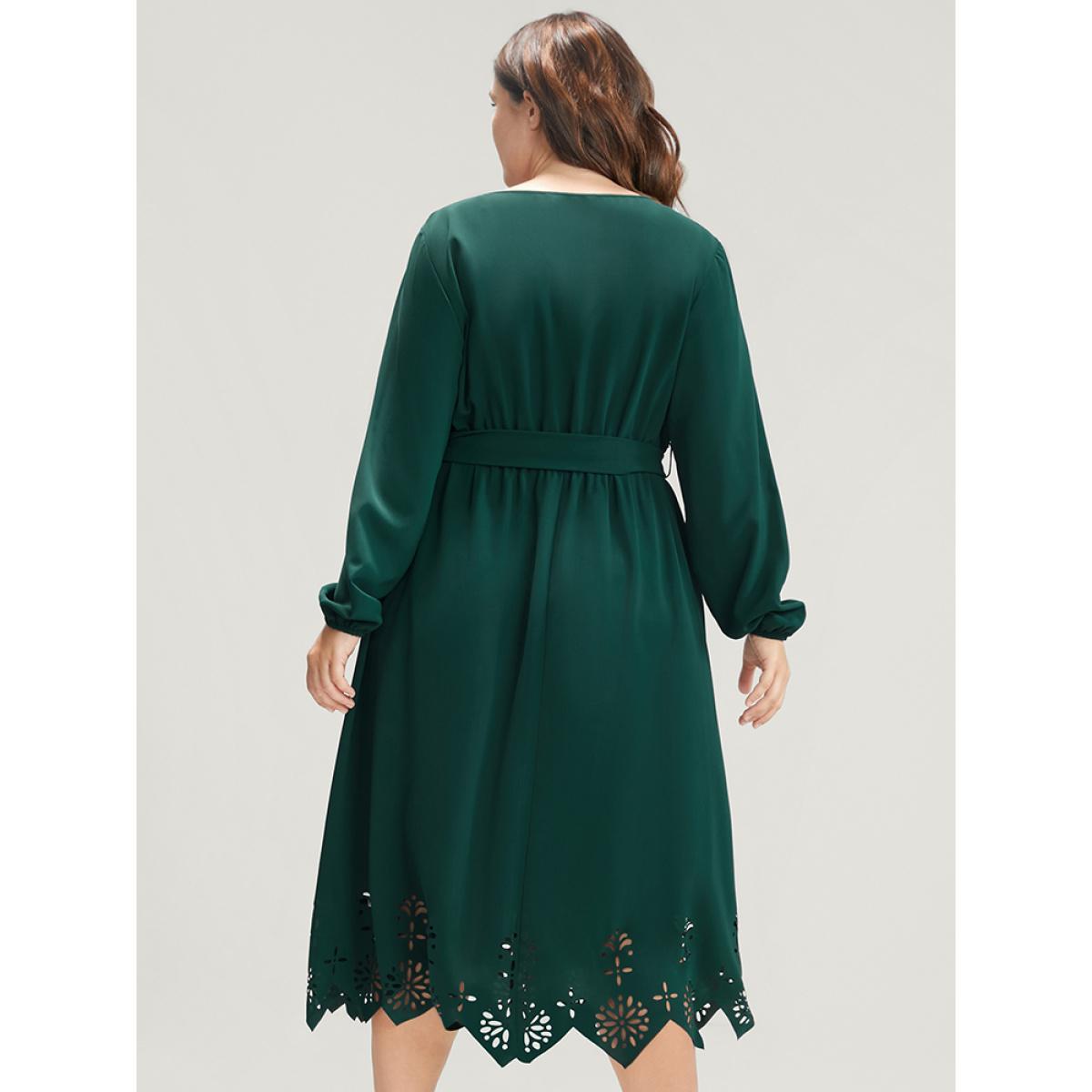 Plus Size Solid Pocket Crisscross V Neck Laser Cut Belted Dress DarkGreen Women Elegant Belted V-neck Long Sleeve Curvy Midi Dress BloomChic 10/M Product Image