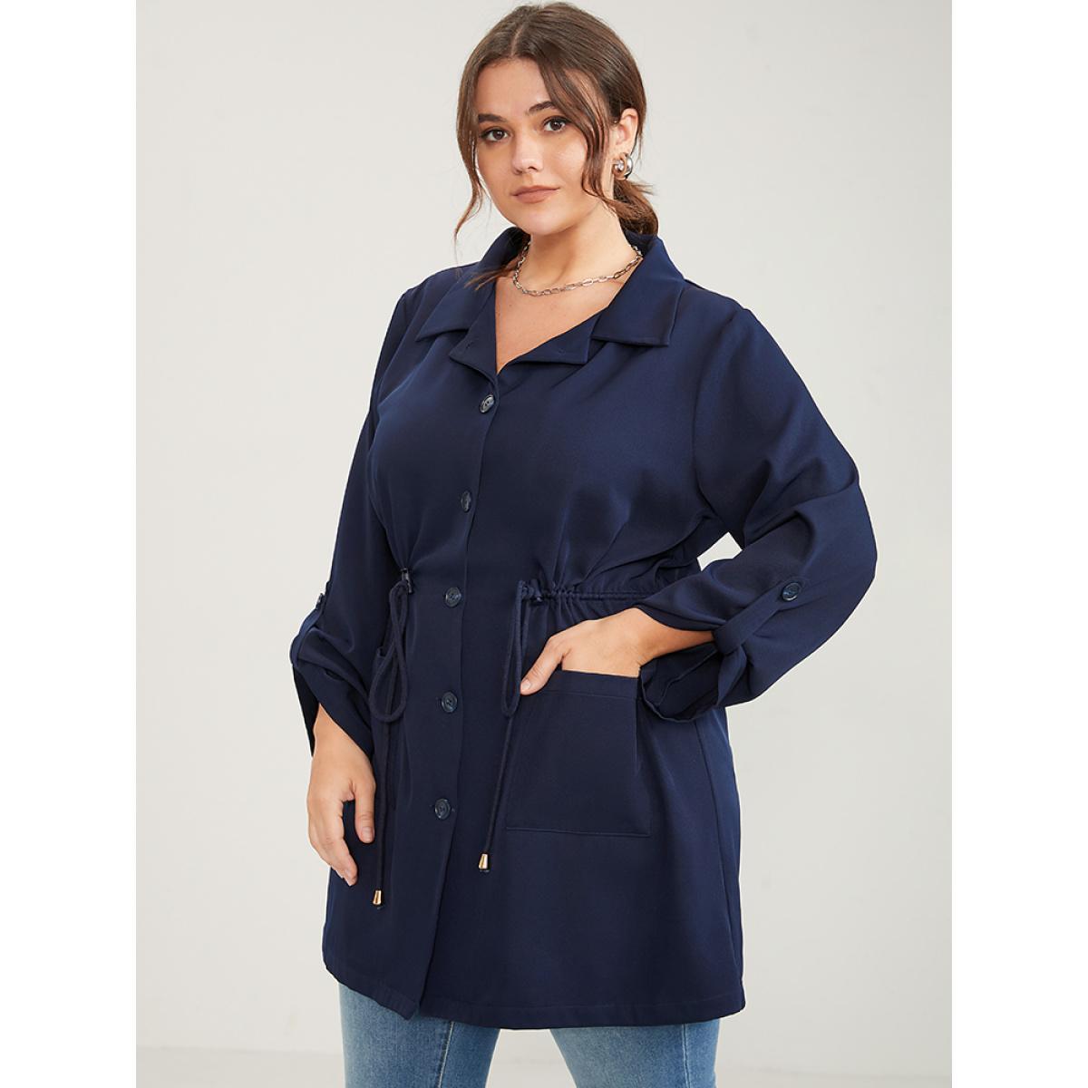 Plus Size Solid Pocket Button Up Cuffed Sleeve Drawstring Coat Women Navy Elegant Pocket Ladies Dailywear Winter Coats BloomChic 10/M Product Image