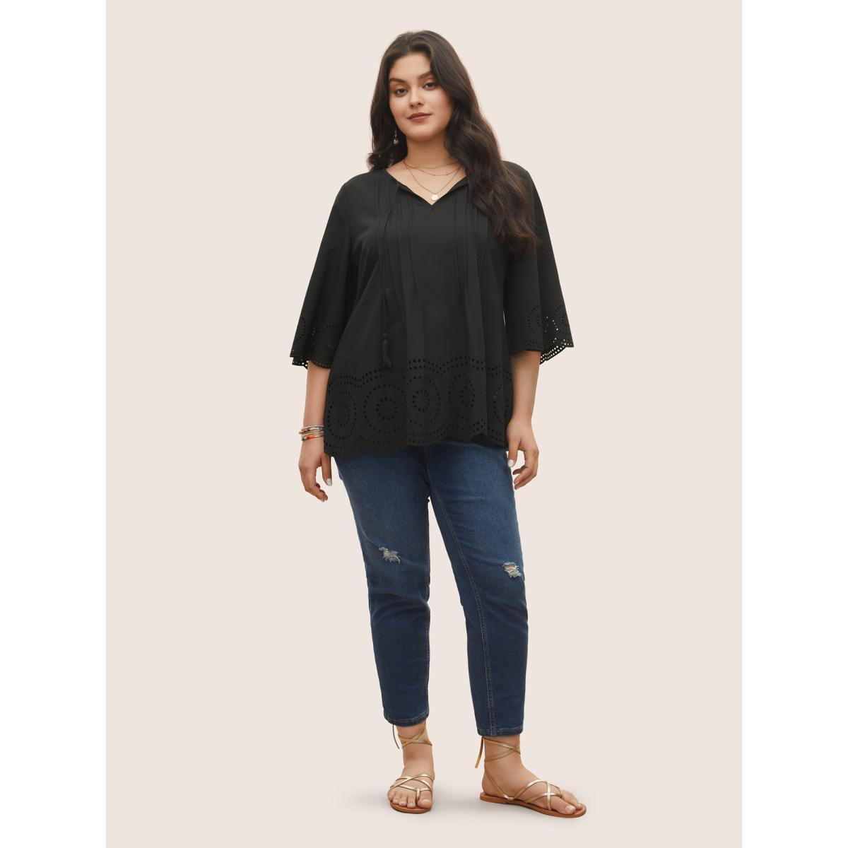 Plus Size Black Solid Laser Cut Pleated Tassel Trim Blouse Women Resort Half Sleeve V-neck Vacation Blouses BloomChic 28/5X Product Image