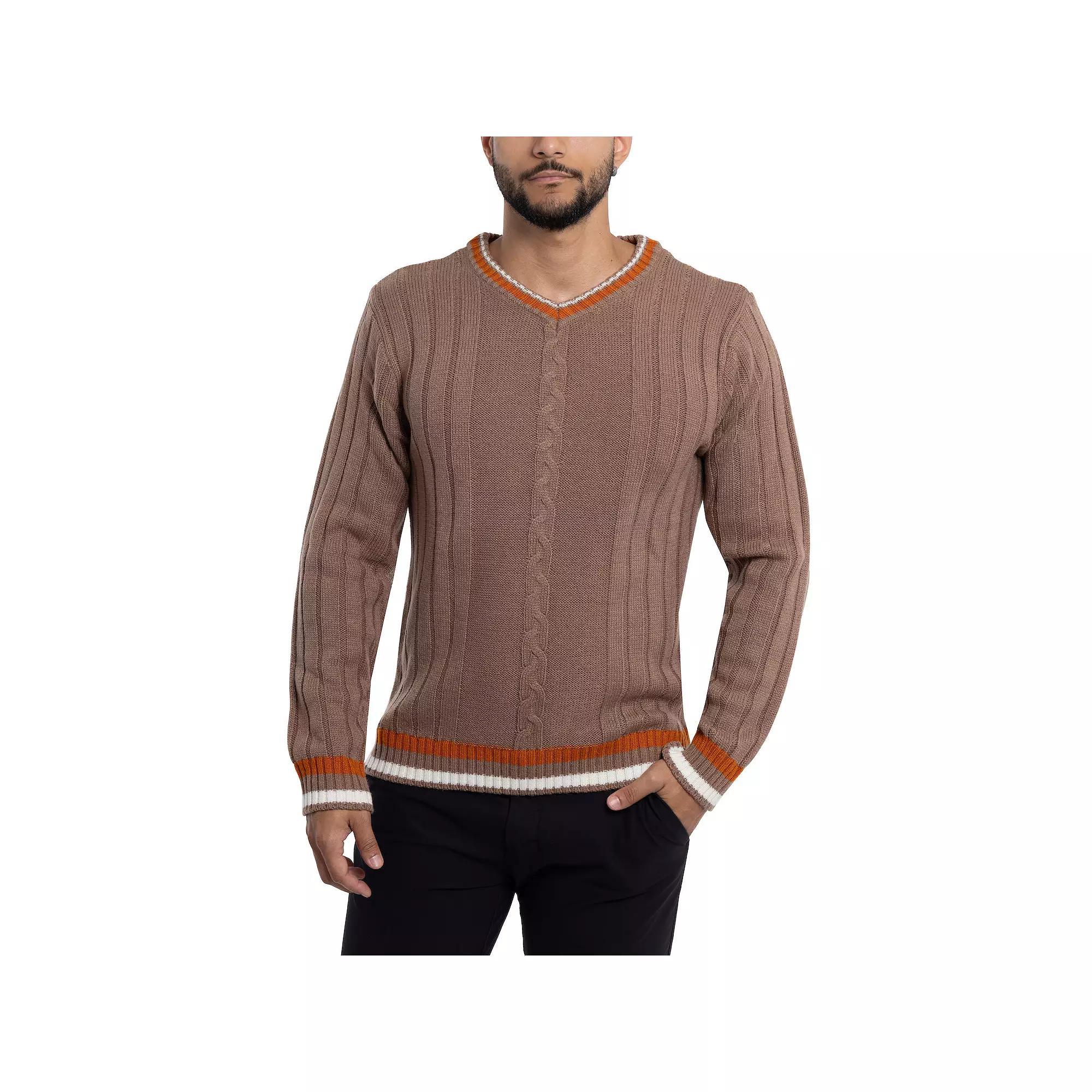 Men's Xray Cable Knit Tipped V-Neck Sweater, Size: Large, Grey Product Image