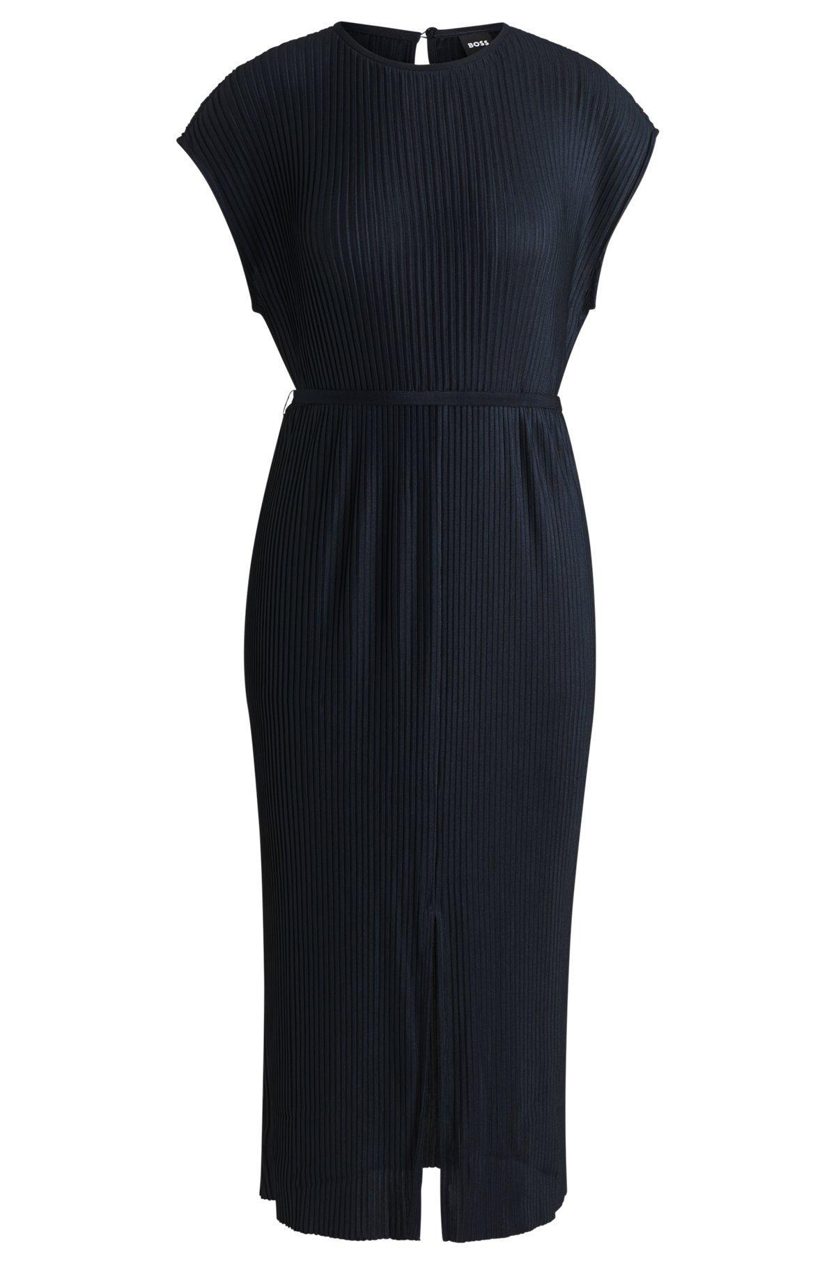BOSS - Belted sleeveless dress in high-shine plissé - Dark Blue Product Image