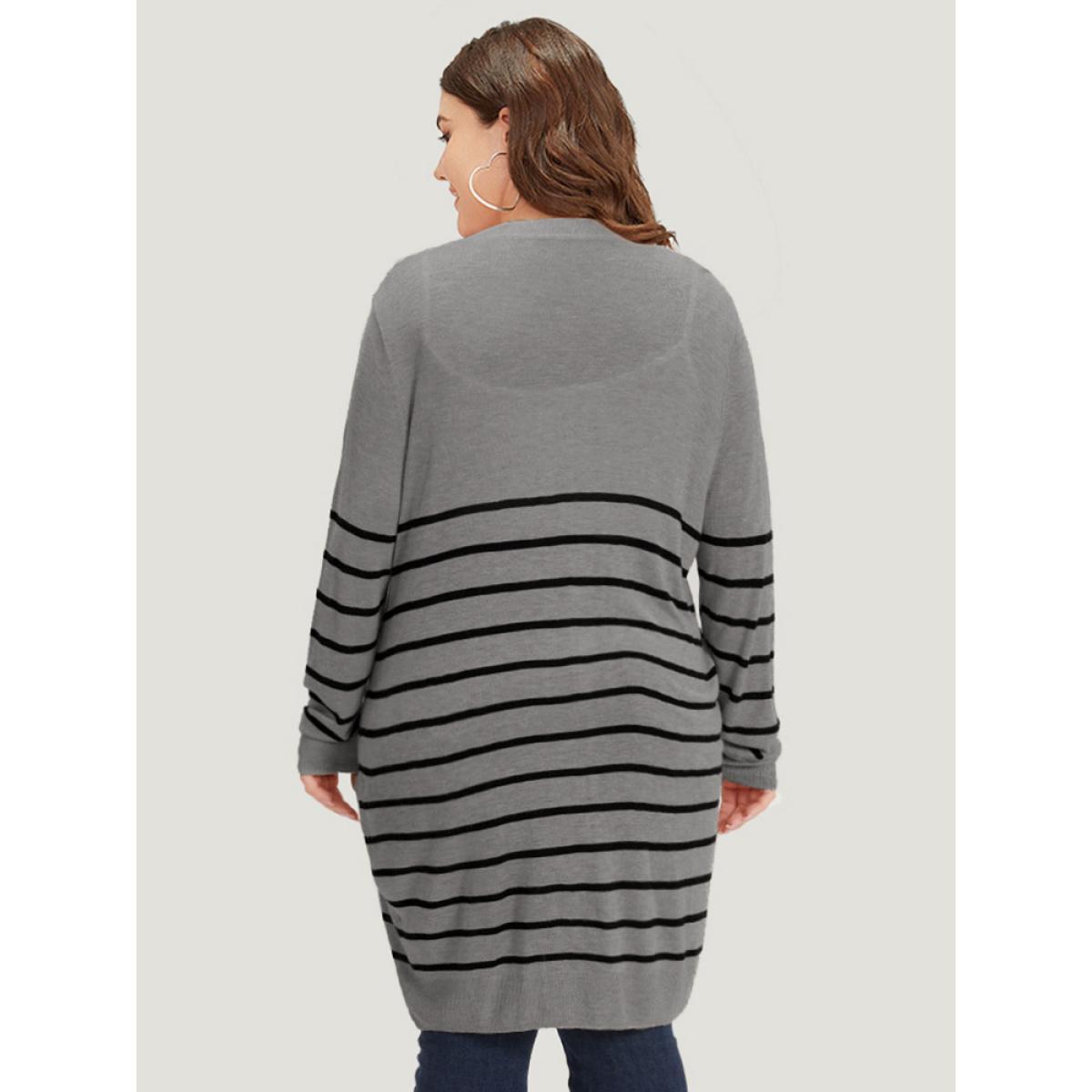 Plus Size Supersoft Essentials Striped Button Fly Tunic Cardigan Gray Women Casual Loose Long Sleeve Dailywear Cardigans BloomChic 18-20/2X Product Image