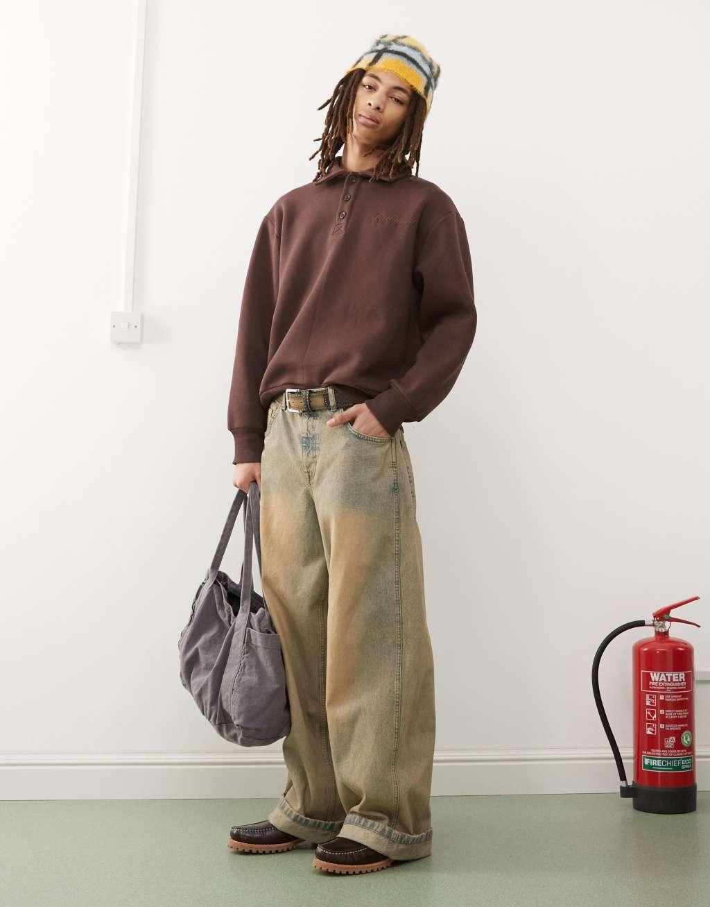 Reclaimed Vintage rugby sweatshirt with embroidery in chocolate Product Image