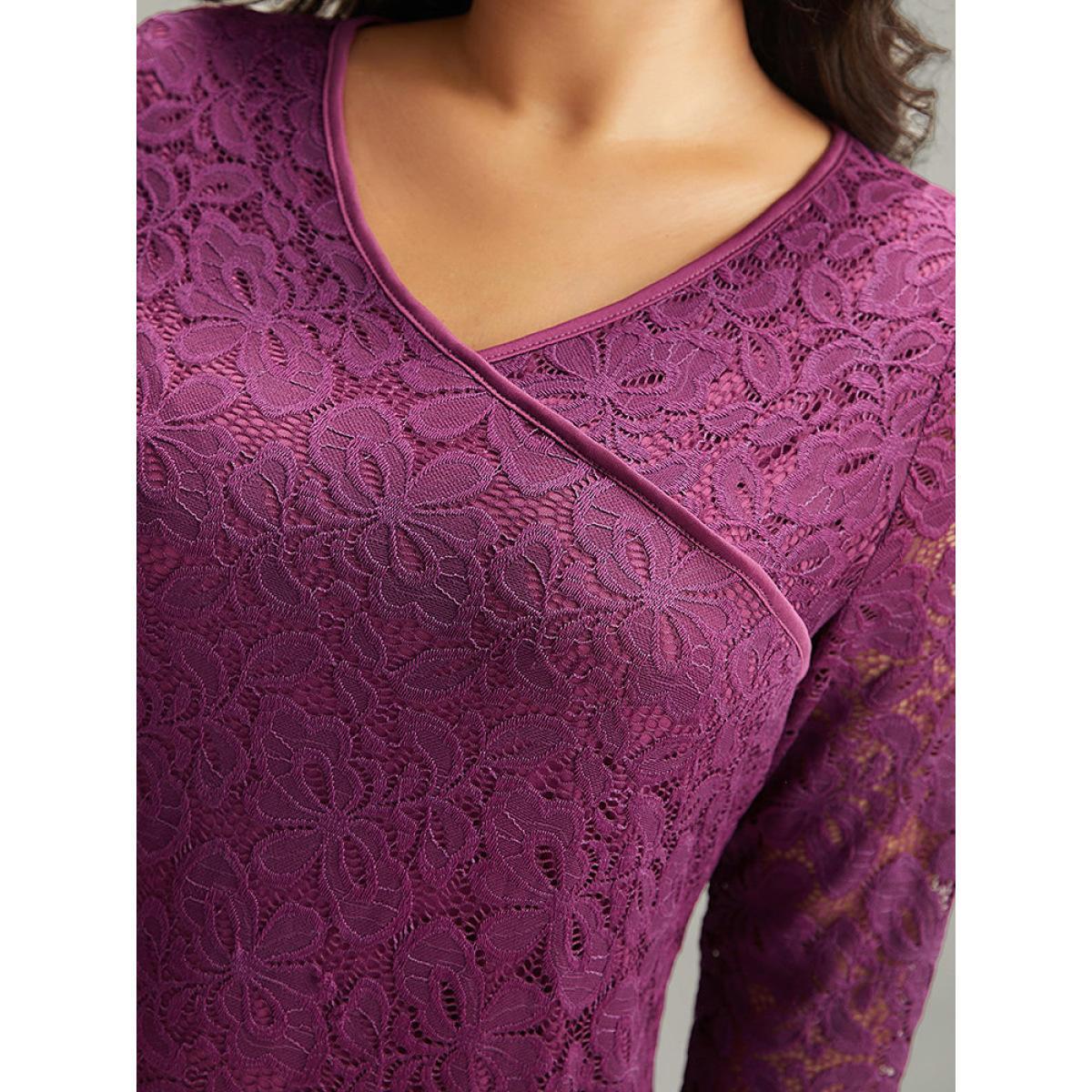Plus Size Crochet Lace Mesh Scalloped Trim Dress Purple Women Glamour Plain V-neck Long Sleeve Curvy Knee Dress BloomChic 12/L Product Image