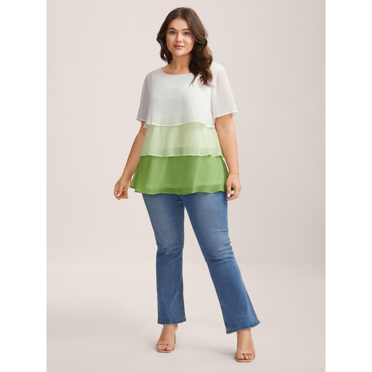 Plus Size WhiteSmoke Color Fusion Layered Sheer Blouse Women Short sleeve Boat Neck Everyday-Casual Blouses BloomChic 28/5X Product Image