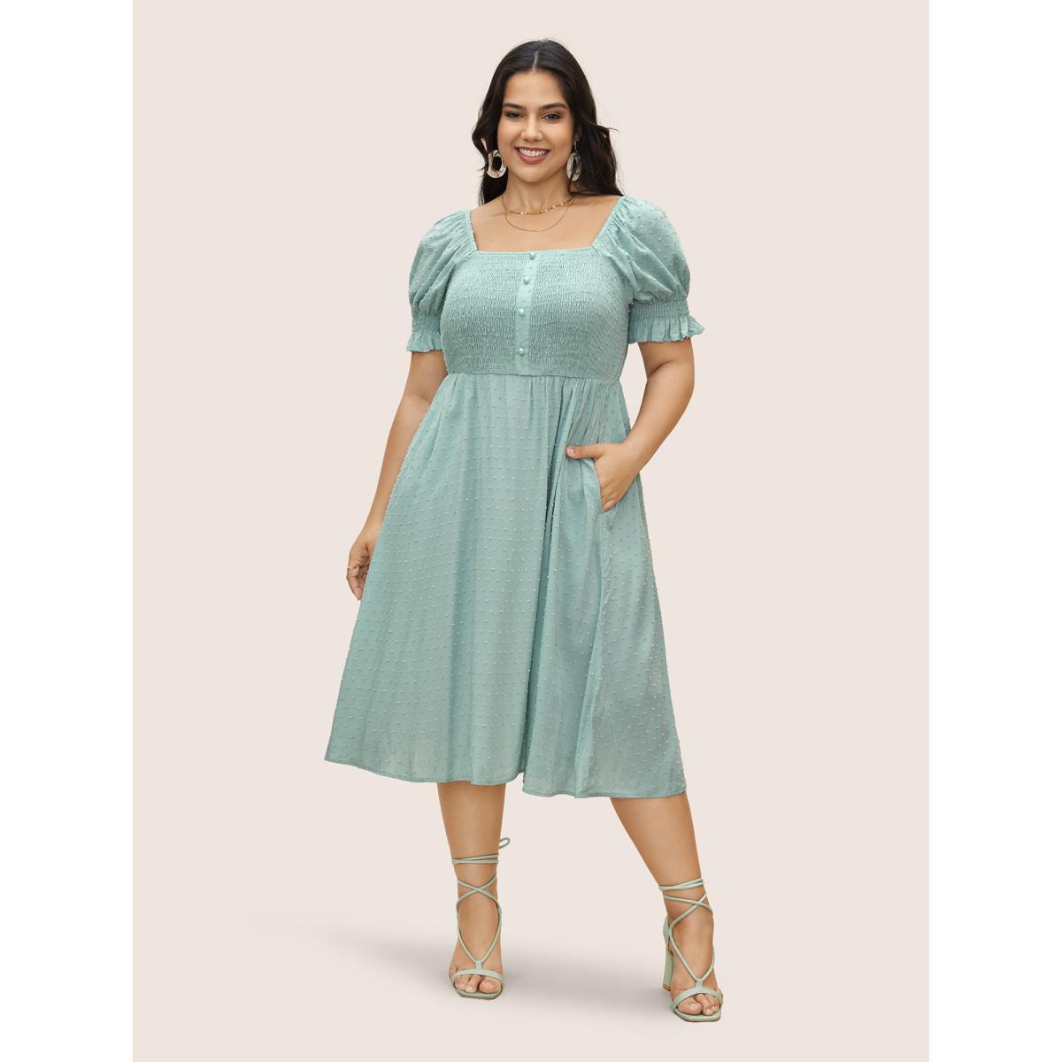 Plus Size Supersoft Essentials Solid Puff Sleeve Shirred Dress Turquoise Women Elegant Texture Square Neck Short sleeve Curvy BloomChic 10/M Product Image