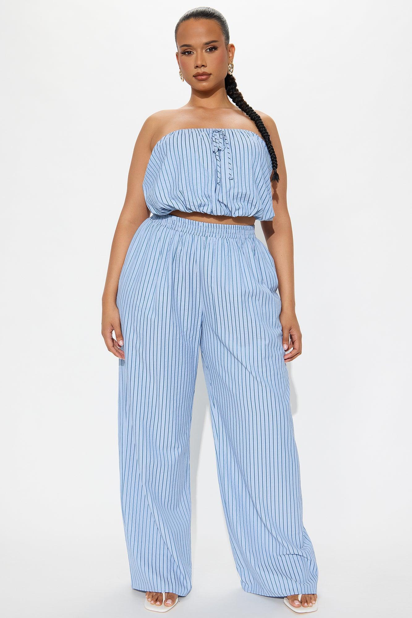 Gracie Pinstripe Pant Set - Light Blue Product Image