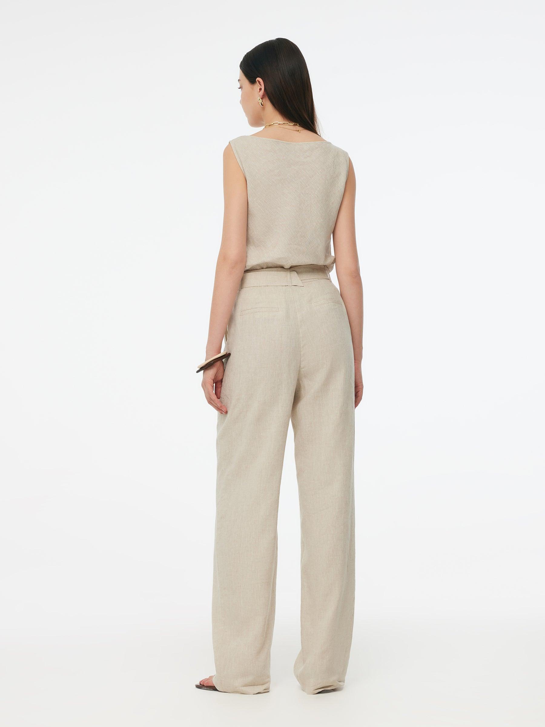 100% Linen Women Straight Leg Pants With Belt Product Image