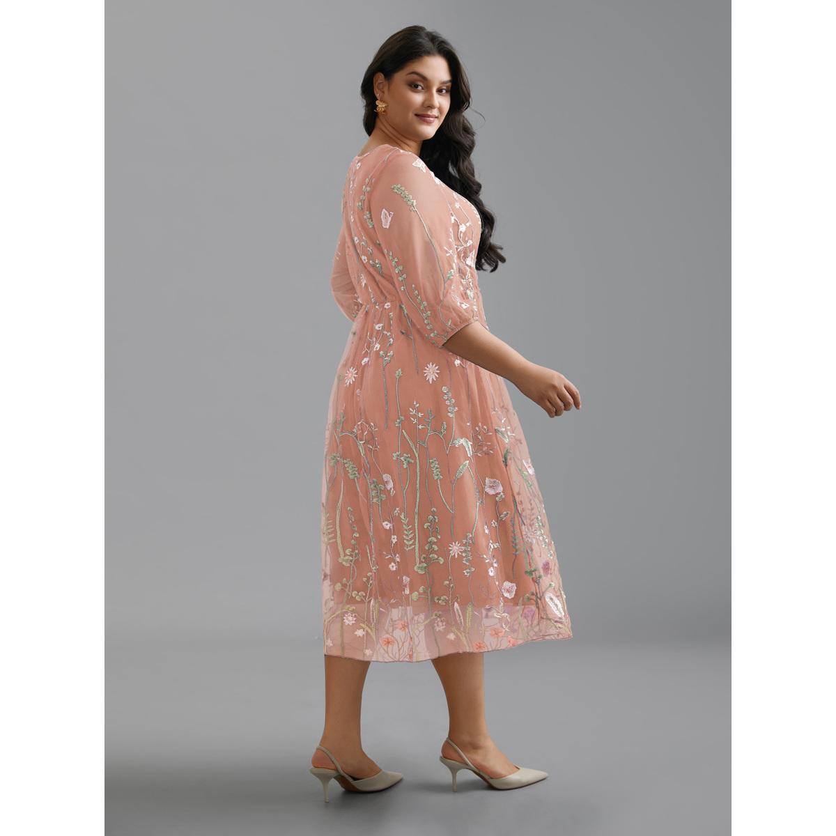 Plus Size Floral Embroidered Elastic Waist Lined Midi Dress Blush Women Cocktail Texture Party Curvy Bloomchic 26/4X Product Image