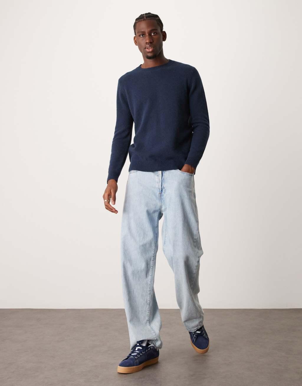 ASOS DESIGN lambswool crew neck sweater in navy Product Image