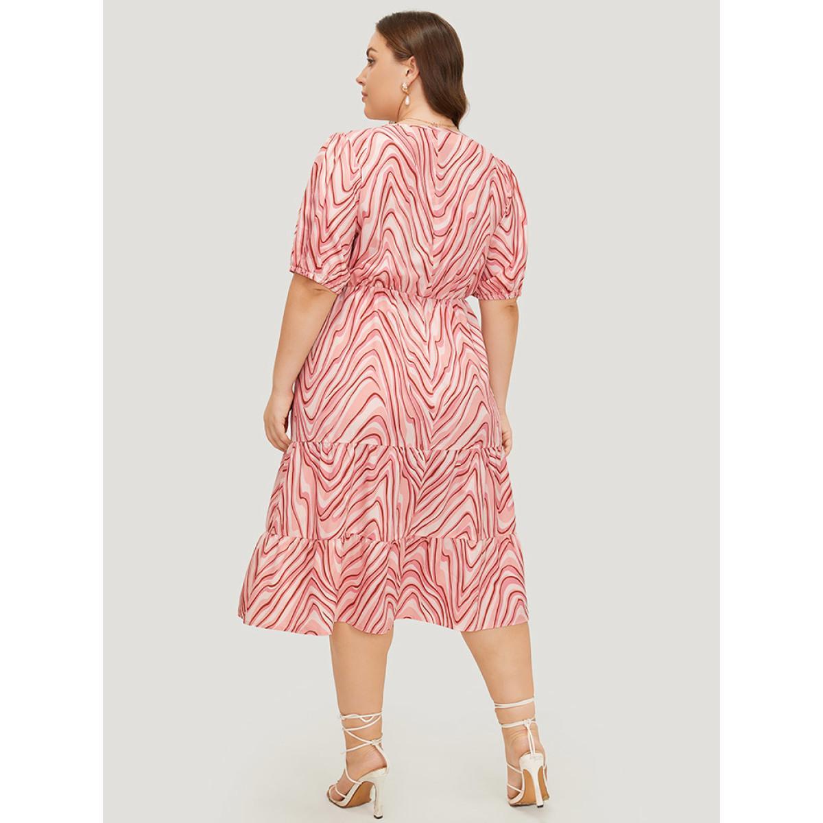 Plus Size Zebra Print Puff Sleeve Pocket Layered Hem Dress Crepe Women Elegant Tiered V-neck Short sleeve Curvy Midi Dress BloomChic 10/M Product Image