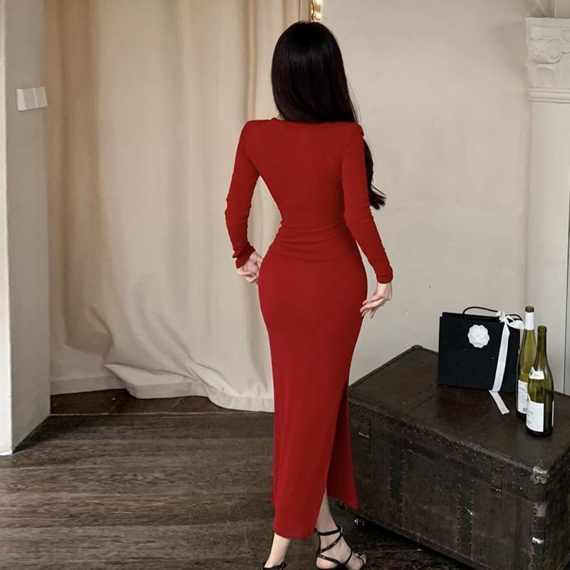 Long-Sleeve V-Neck Wrapped Plain Maxi Sheath Dress Product Image
