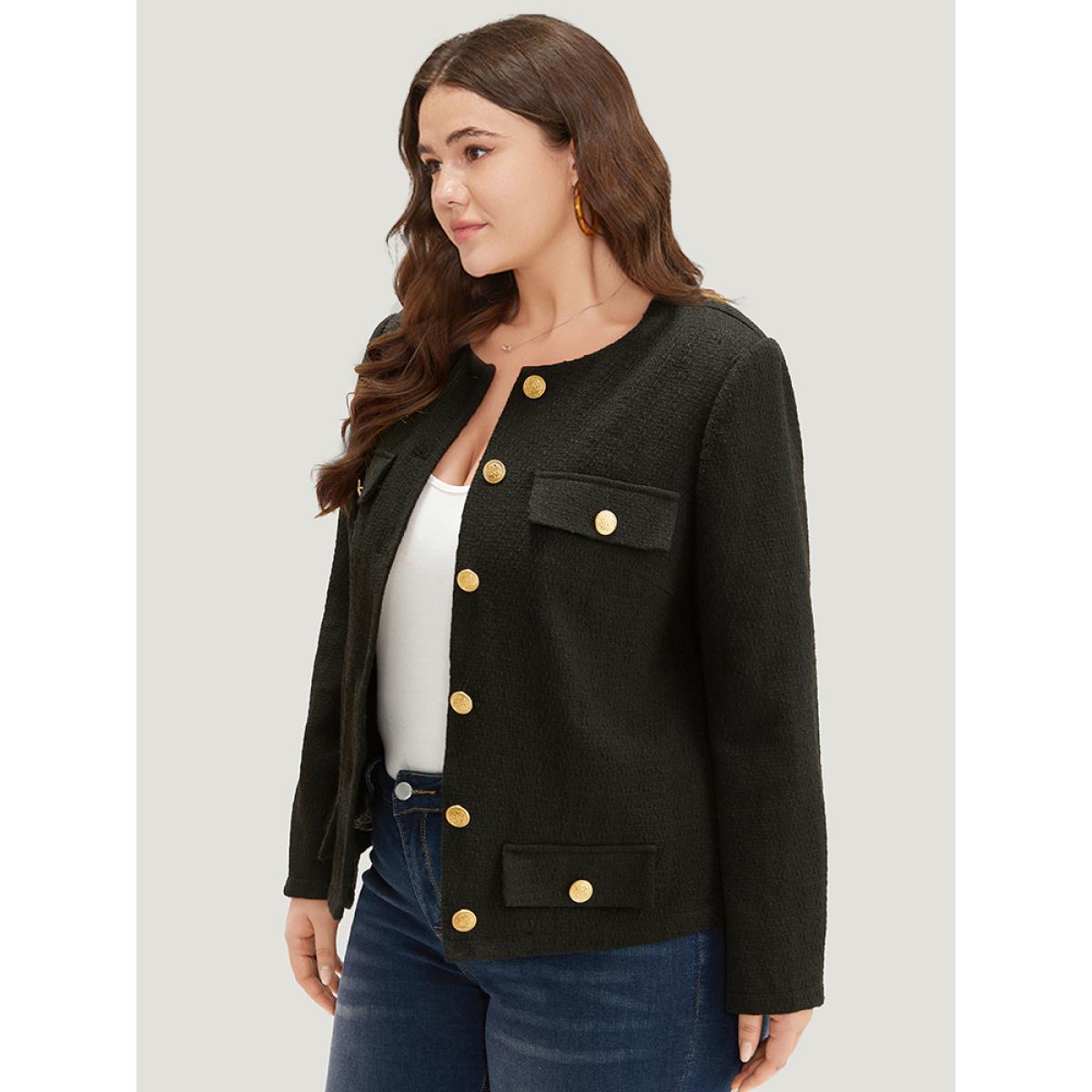 Plus Size Plain Tweed Texture Buckle Detail Blazer Women Black Texture Work Jackets BloomChic 18-20/2X Product Image