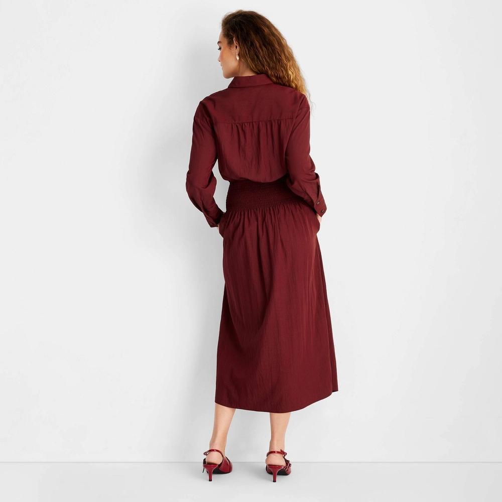 Womens Collared Long Sleeve Smocked Midi Shirtdress - Future Collective Burgundy XL Product Image