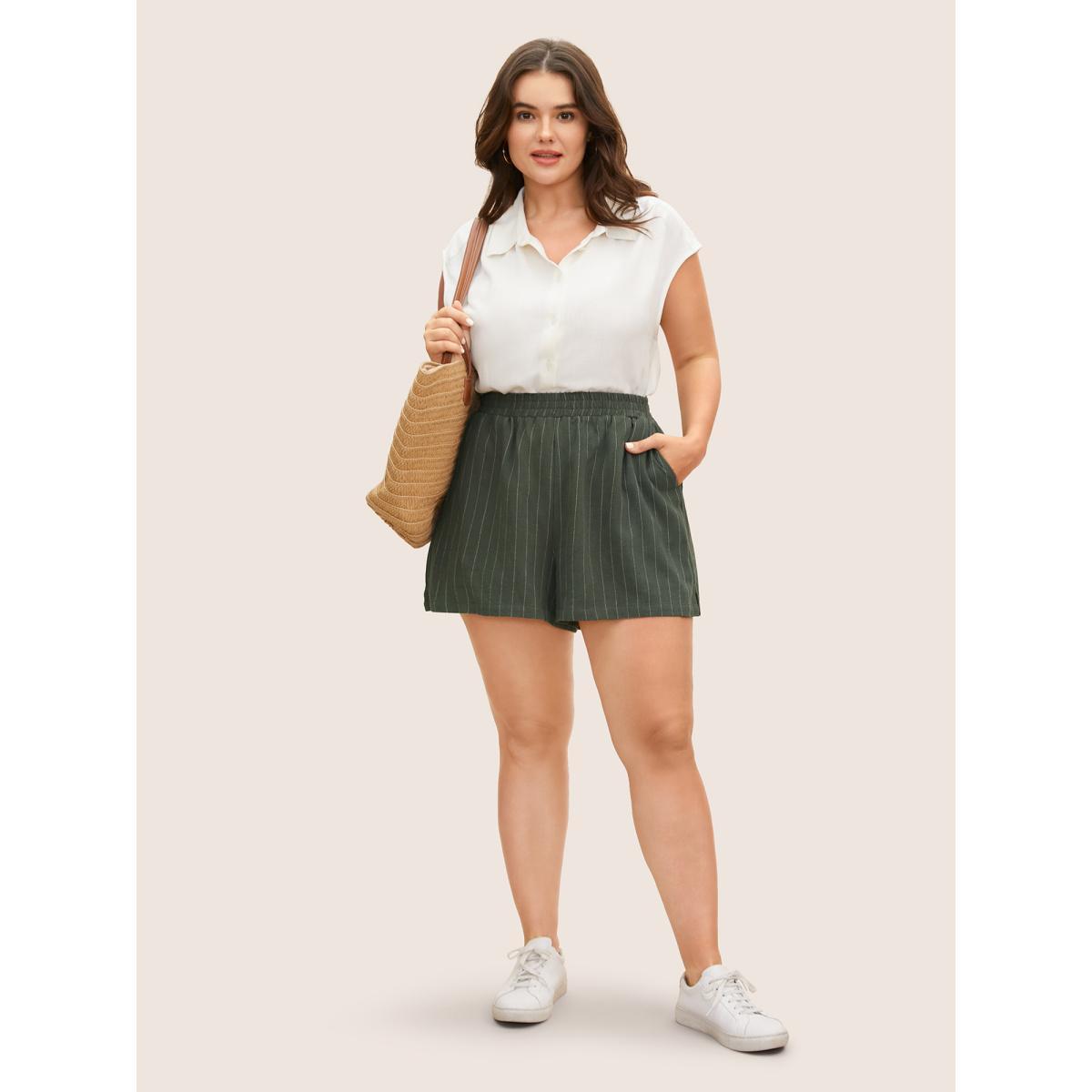Plus Size Linen Blend Striped Split Side Mid Rise Shorts Women ArmyGreen Casual Slit Everyday Shorts BloomChic 18-20/2X Product Image