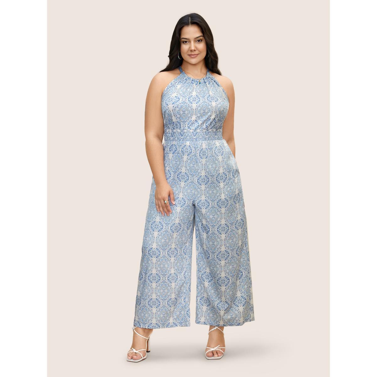 Plus Size LightBlue Halter Boho Print Shirred Gathered Jumpsuit Women Resort Sleeveless Halter neck Vacation Loose Jumpsuits BloomChic 10/M Product Image