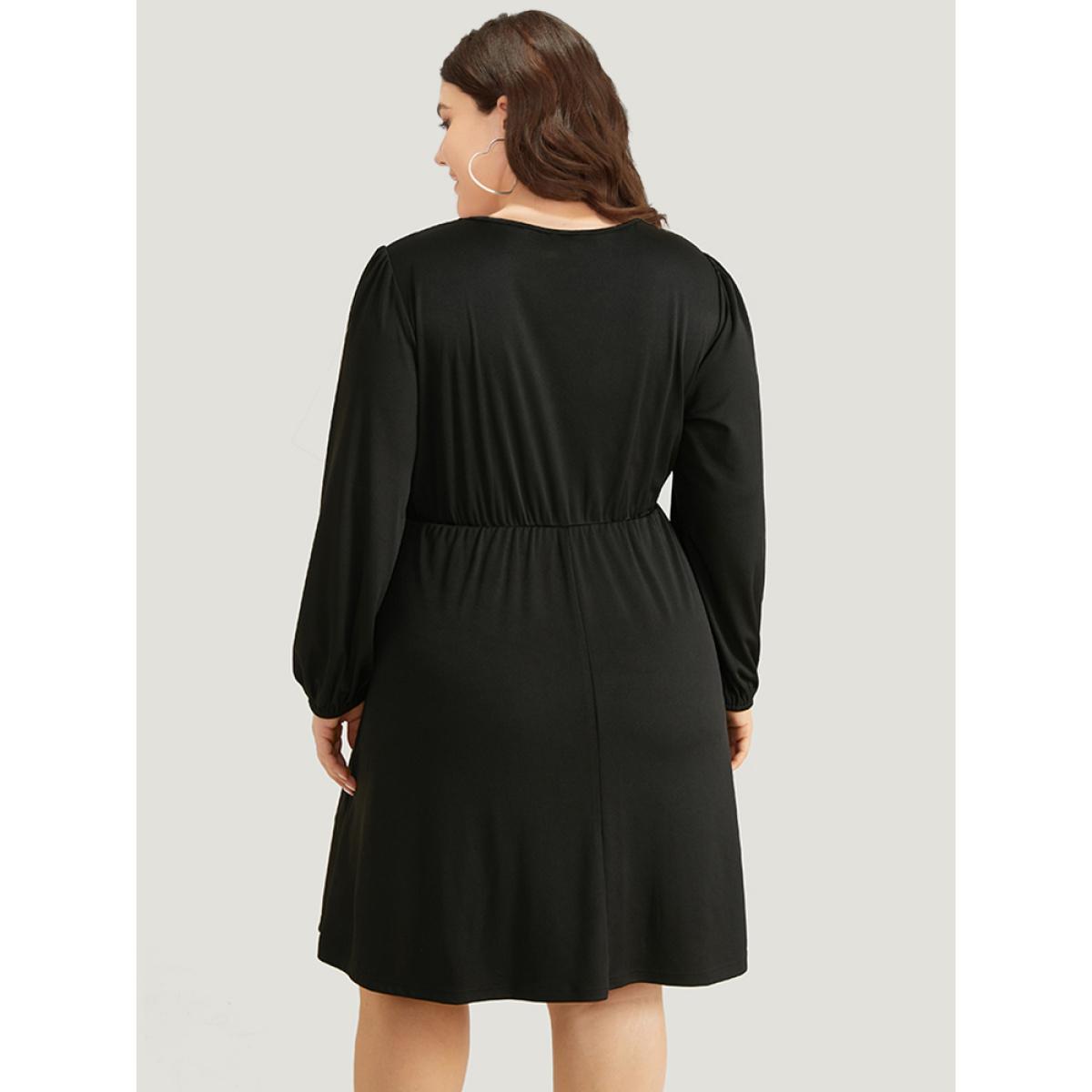 Plus Size Halloween Plain PU Crisscross Patchwork Pocket Dress Black Women Elegant Elastic cuffs V-neck Long Sleeve Curvy Knee Dress BloomChic 22-24/3X Product Image
