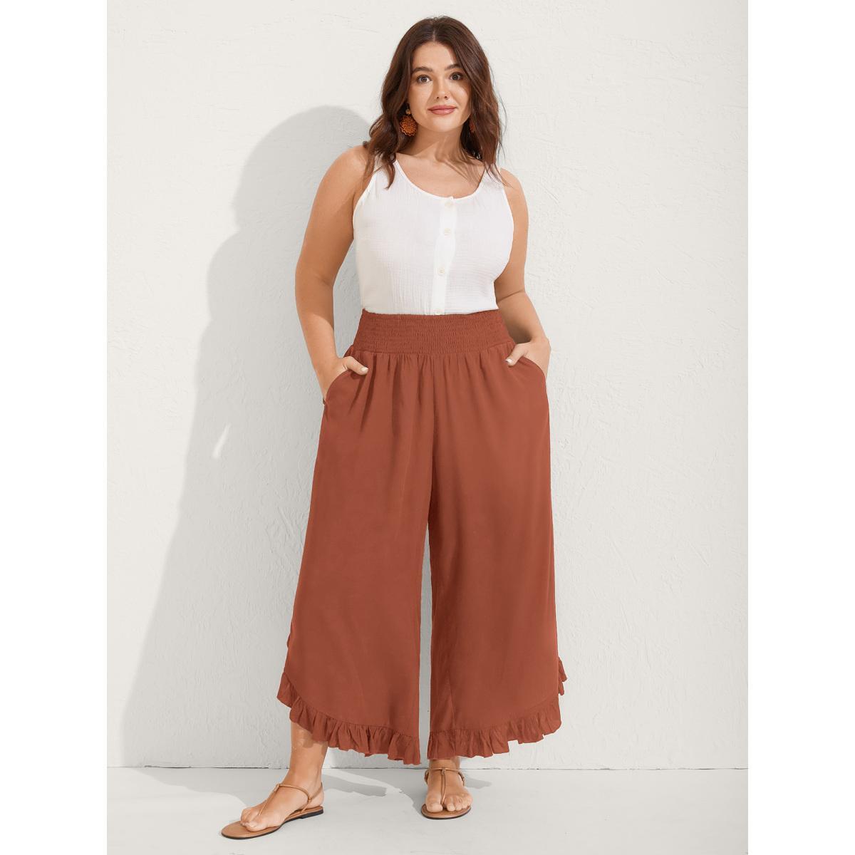 Plus Size Ruffled Curvy Hem Wide-Leg Pants Women Plum Resort Wide Leg Mid Rise Vacation Pants BloomChic 10/M Product Image