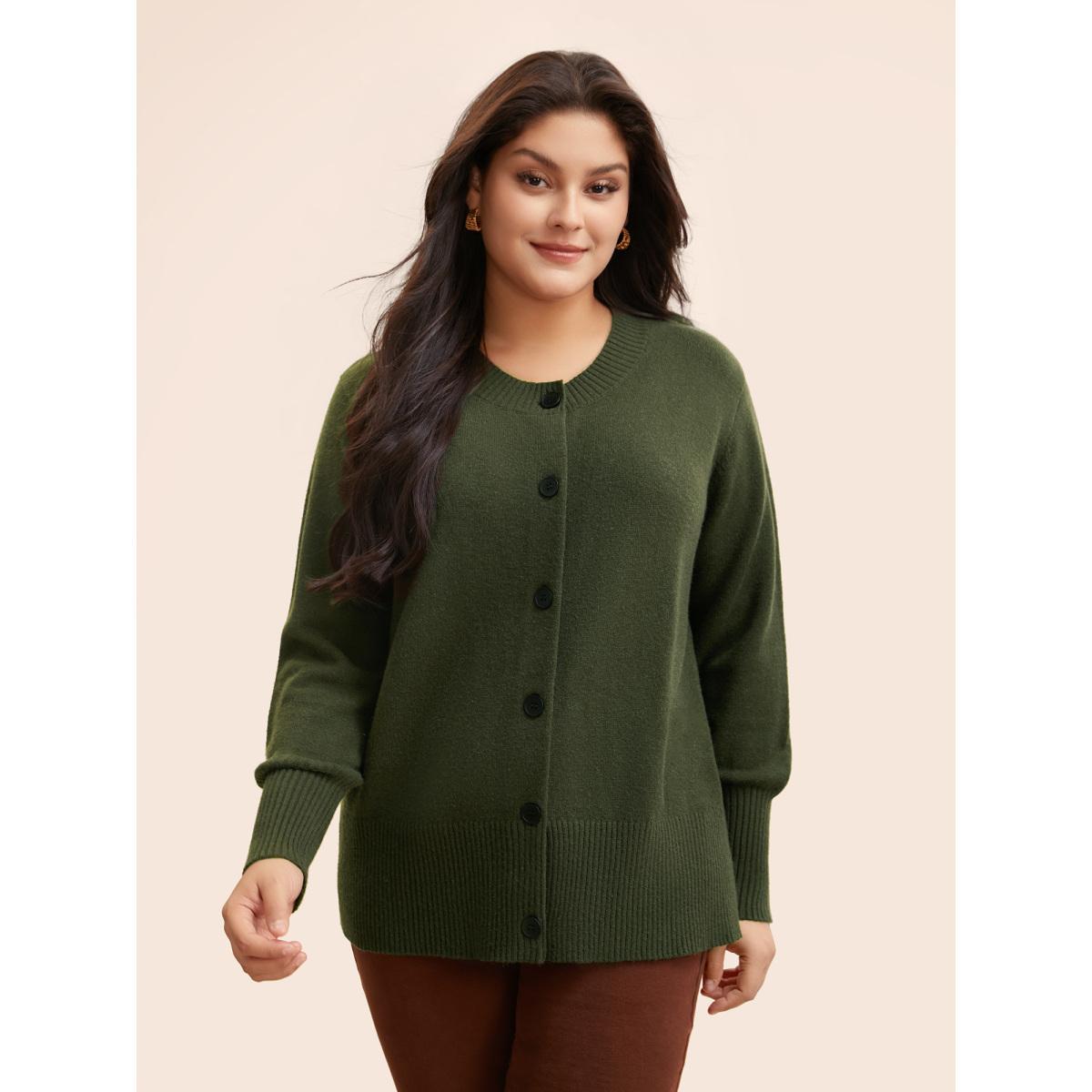 Plus Size Plain Round Neck Button Through Cardigan DarkGreen Women Casual Long Sleeve Everyday Cardigans BloomChic 12/L Product Image