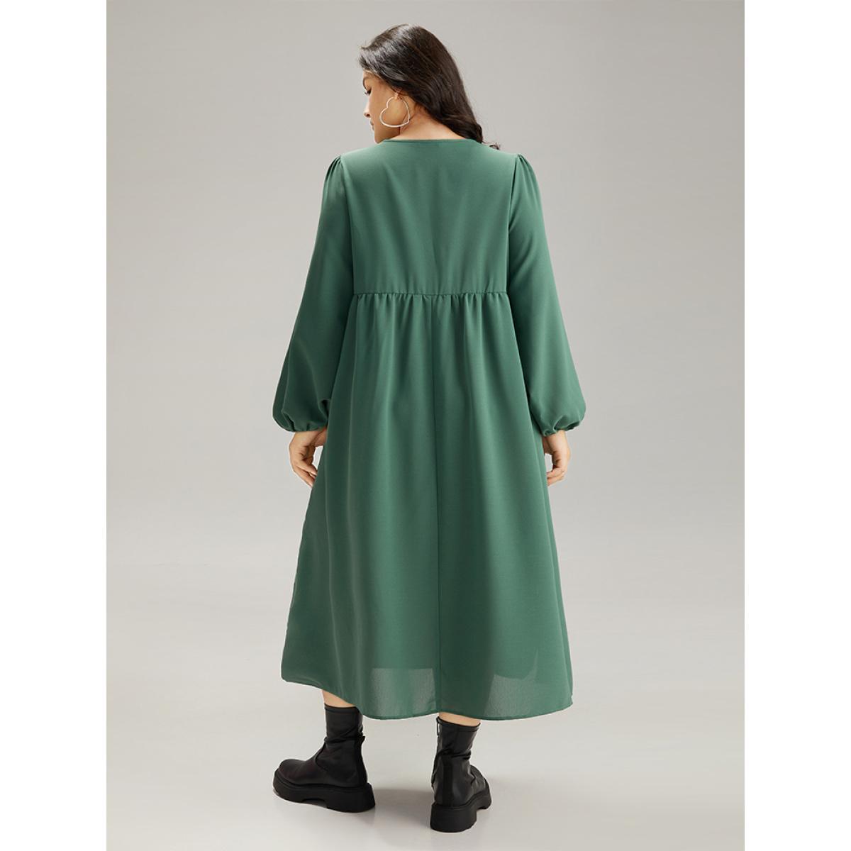 Plus Size Plain Lace Up Split Hem Lantern Sleeve Dress Mint Women Casual Elastic cuffs Tie Neck Long Sleeve Curvy Midi Dress BloomChic 26/4X Product Image
