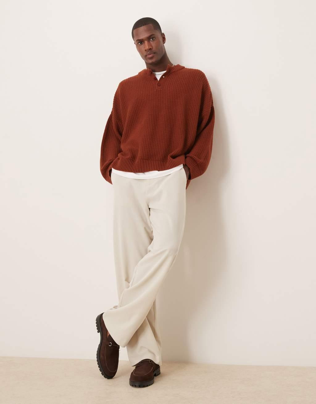 ASOS DESIGN super oversized boxy sweater with henley neck in rust Product Image