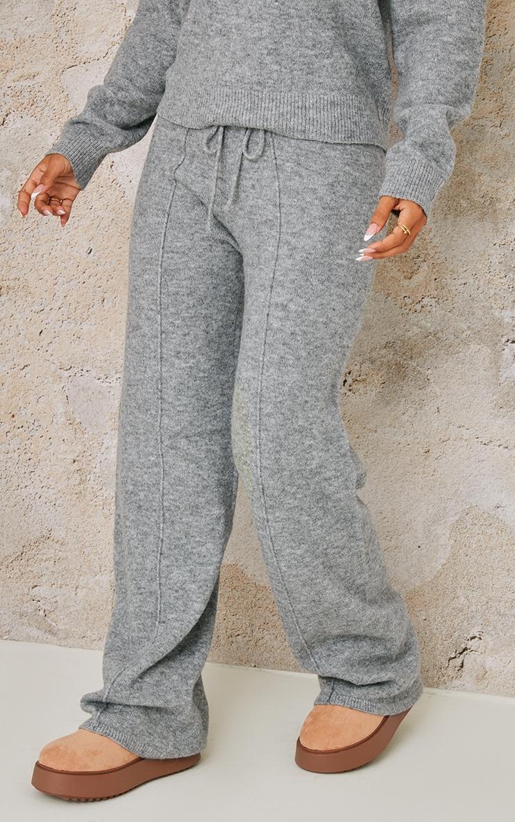 Petite Grey Knitted Seam Detail Wide Leg Pants Product Image