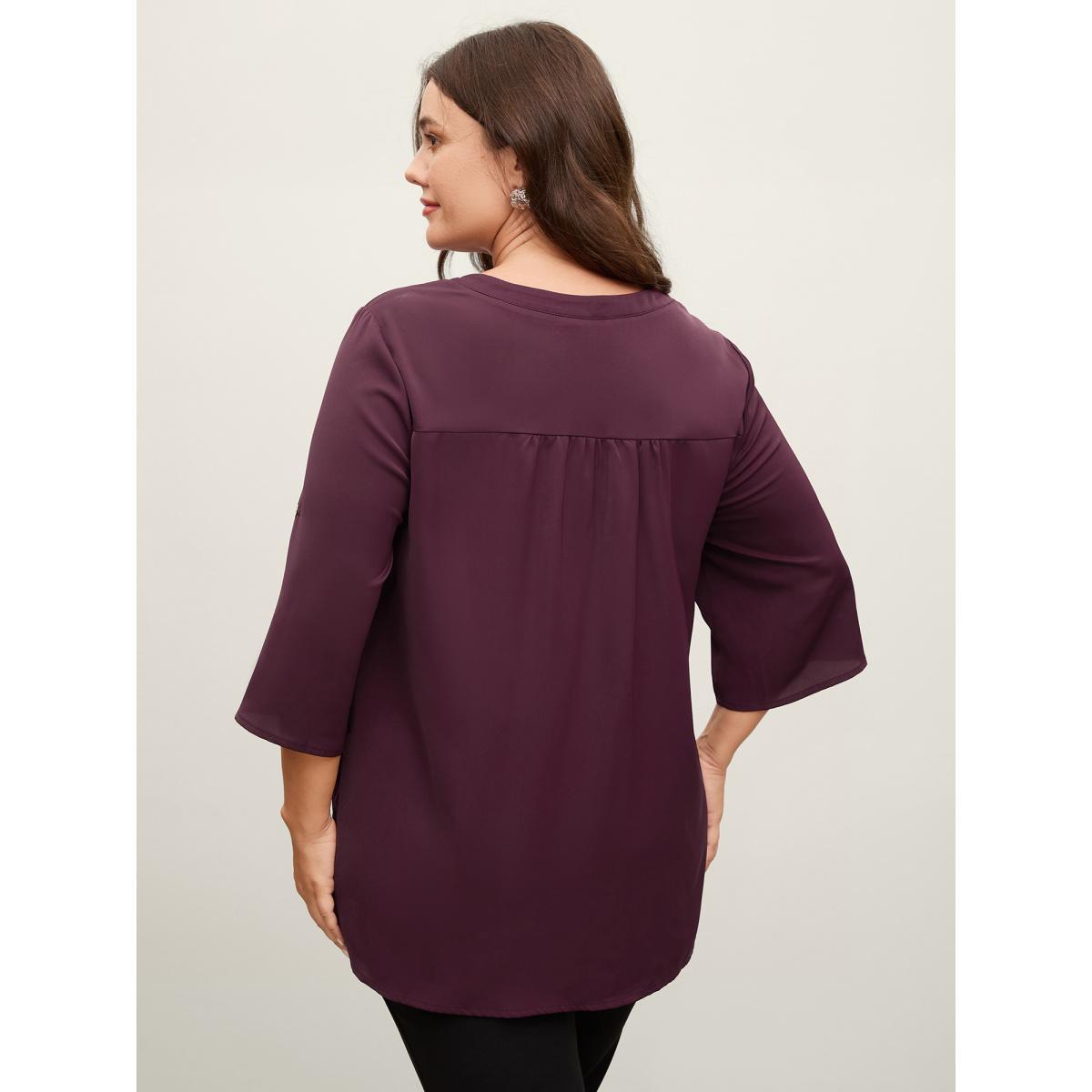 Plus Size Plum Metal Buckle Neckline Solid Blouse Women Elbow-length sleeve Flat collar with V-notch Work Blouses BloomChic 18-20/2X Product Image