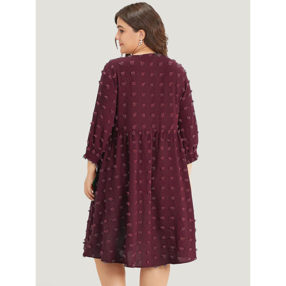 Plus Size Polka Dot Tassels Ties Shirred Cuffs Pocket Dress DarkBlue Women Office Elastic cuffs V-neck Elbow-length sleeve Curvy Midi Dress BloomChic 22-24/3X Product Image