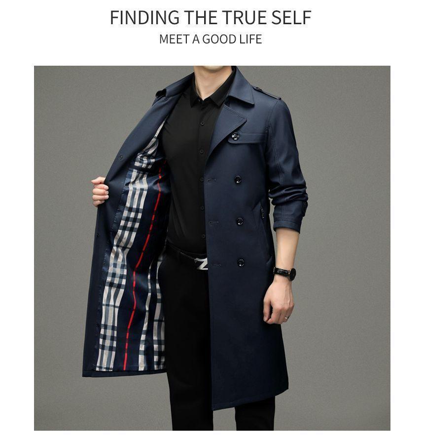 Lapel Collar Plain Double-Breasted Long Coat Product Image