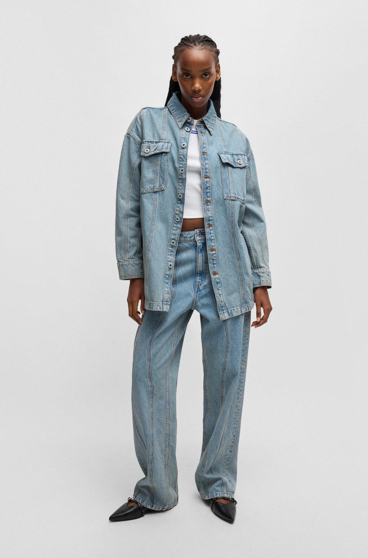 HUGO - Long-length blue-denim shirt with patch pockets - Blue Product Image