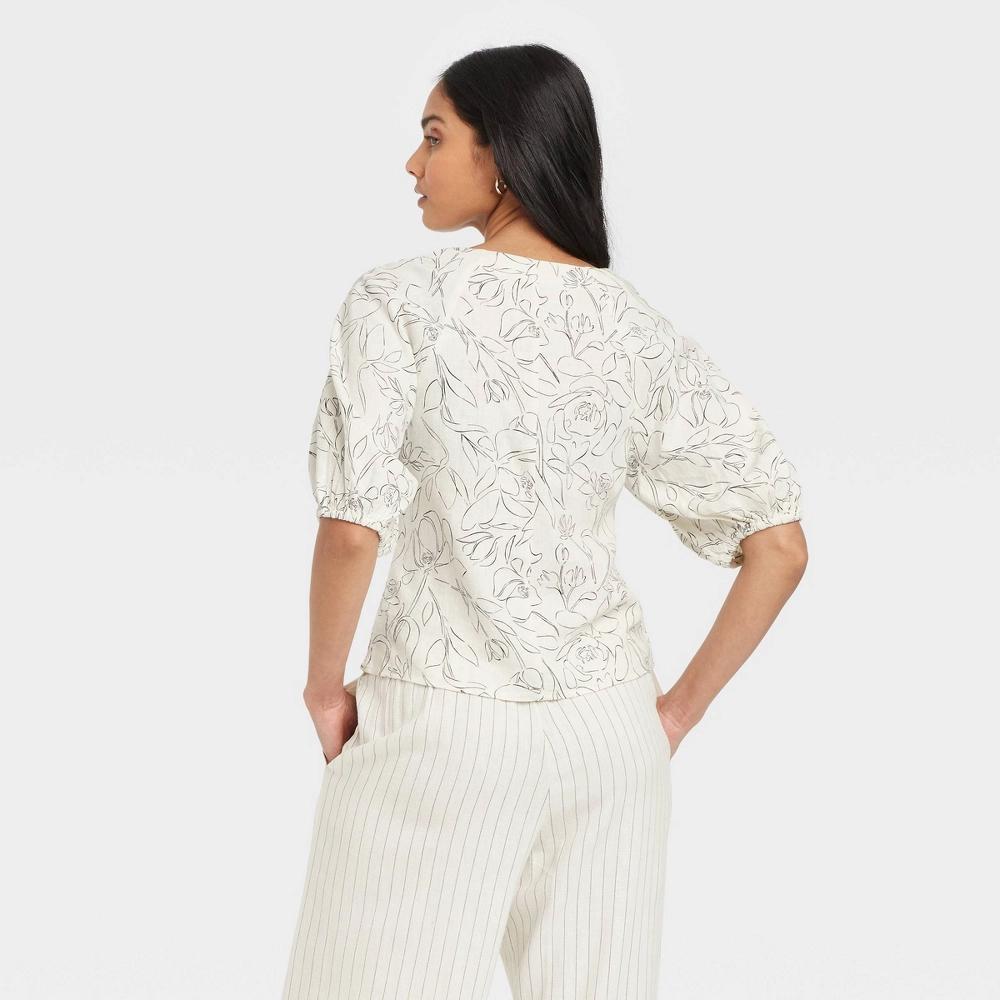 Womens Linen Blouse - A New Day Cream/Black Floral XL: Midweight V Neck, Elbow Sleeve, Front Button, Machine Washable Product Image