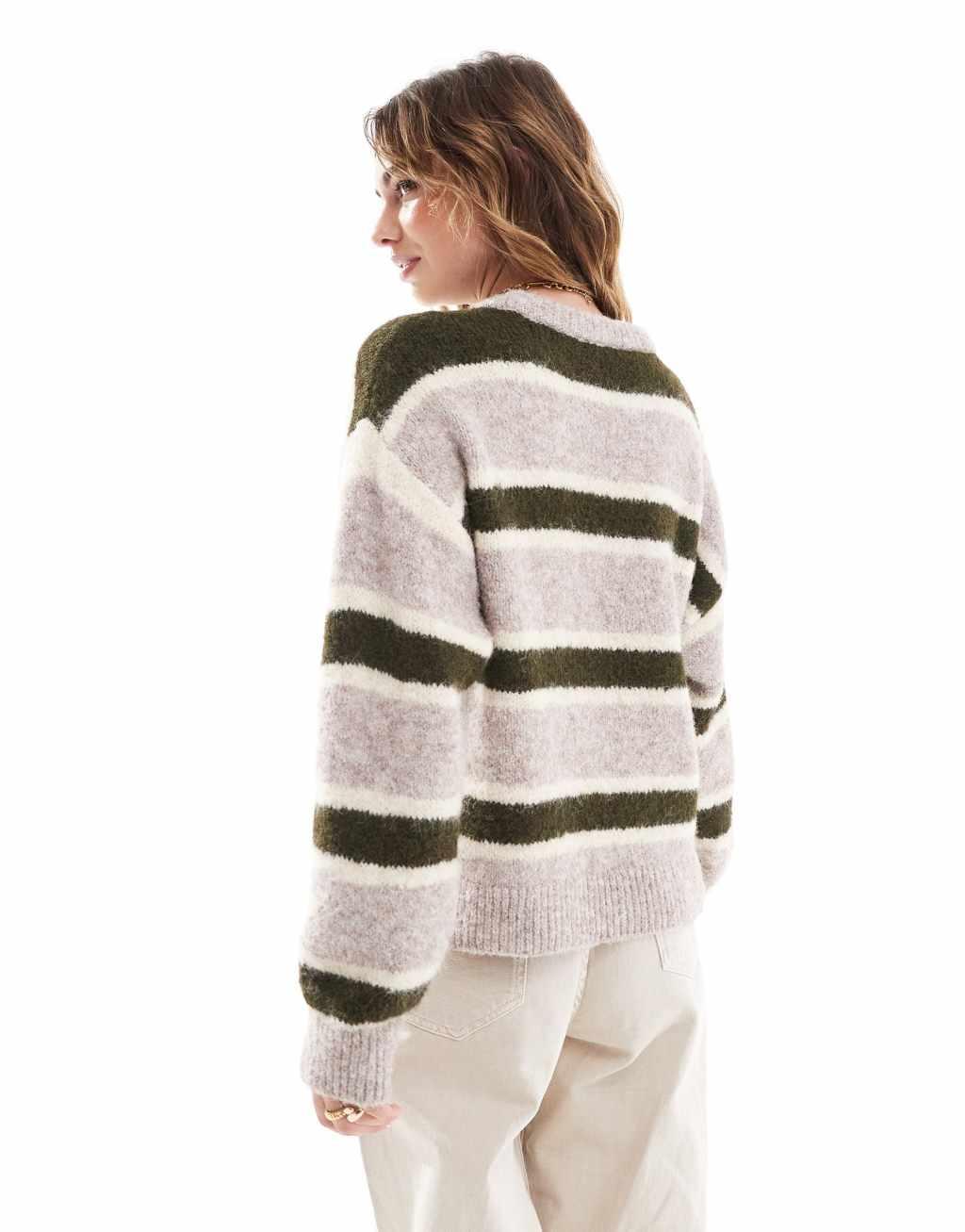 ASOS DESIGN wool blend fluffy knitted sweater in green stripe Product Image