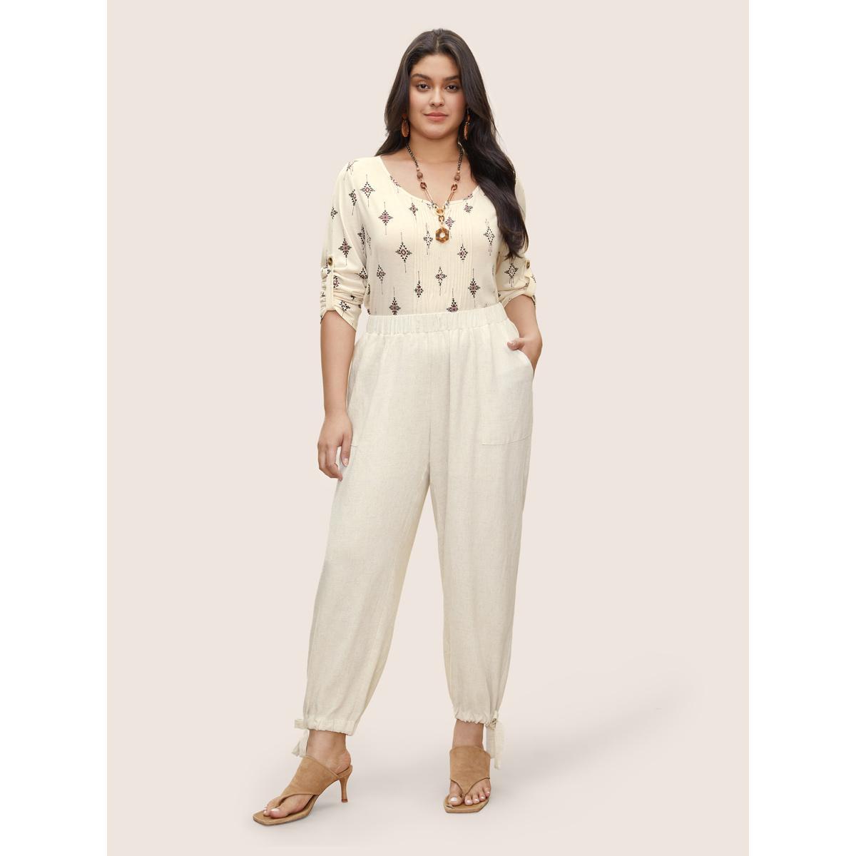 Plus Size Solid Elastic Waist Ties Harem Pants Women Beige Casual Loose High Rise Everyday Pants BloomChic 28/5X Product Image