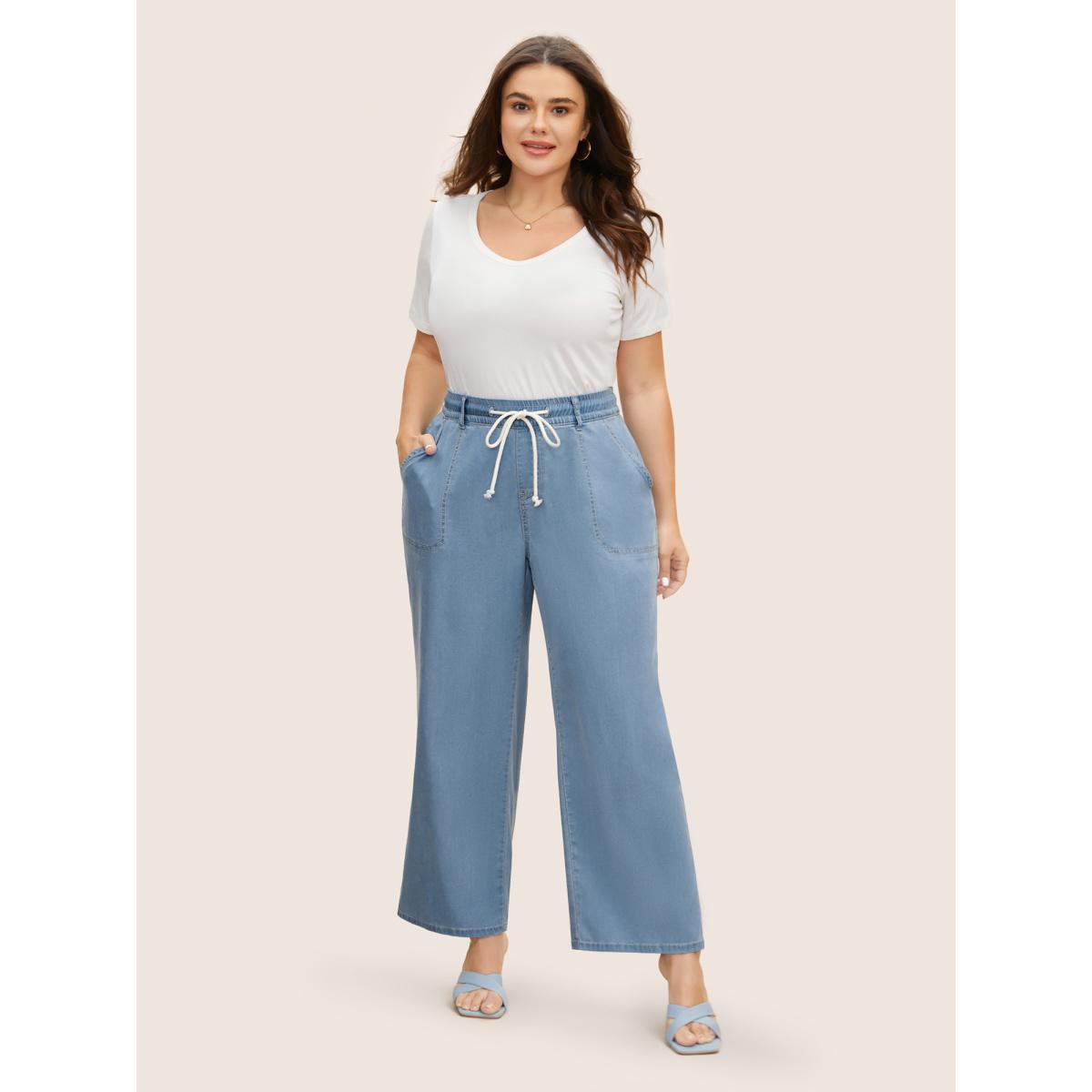 Plus Size Light Wash Drawstring Elastic Waist Wide Leg Jeans Women Denimblue Elegant Drawstring Medium stretch Side seam pocket Jeans BloomChic 28/5X Product Image