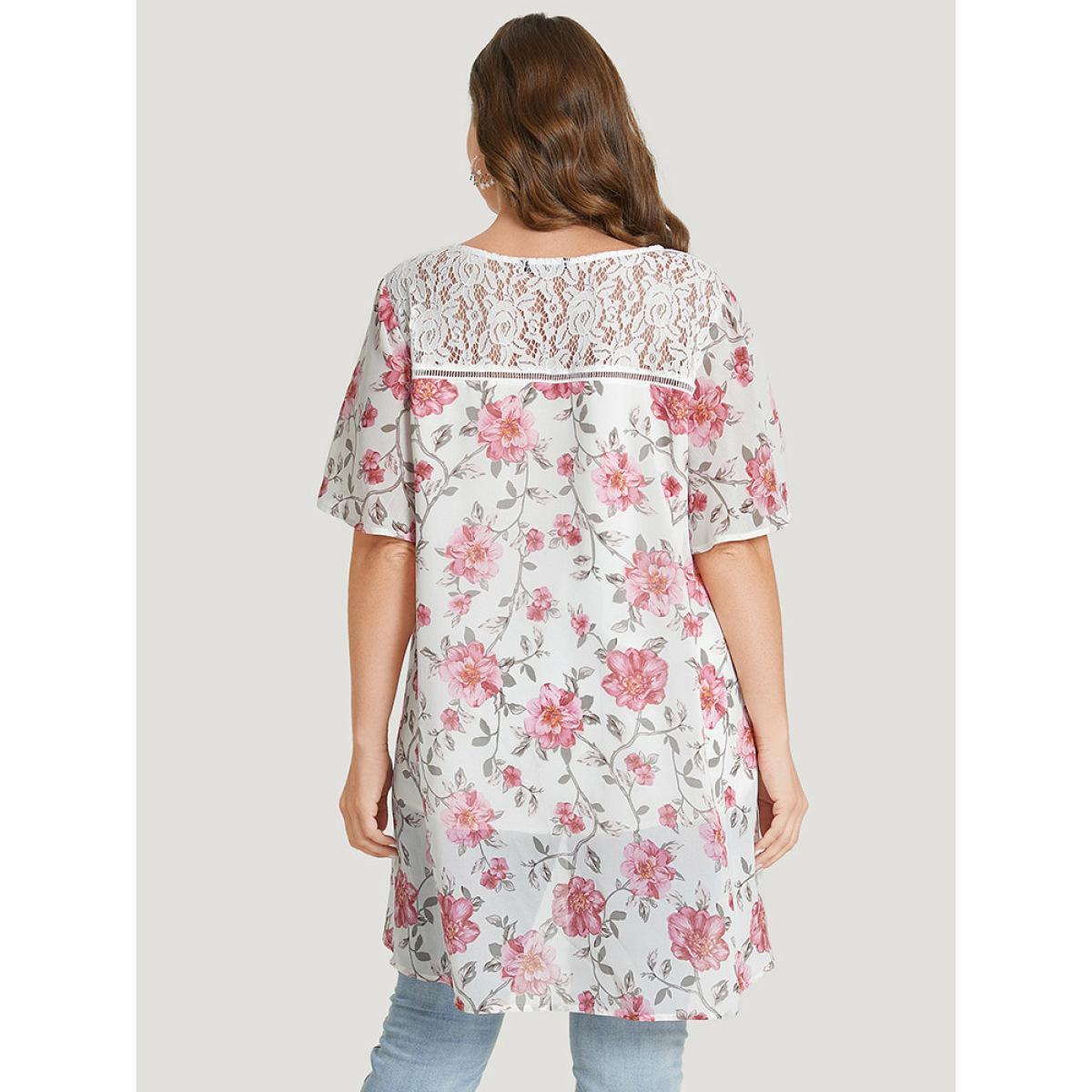 Plus Size White Floral Lace Ruffle Sleeve High Low Hem Blouse Women Elegant Short sleeve Round Neck Dailywear Blouses BloomChic 10/M Product Image