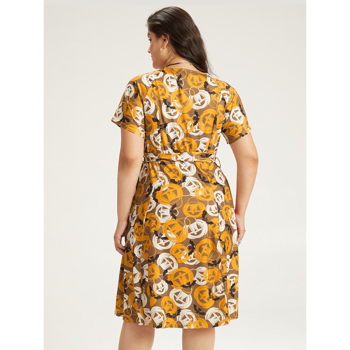 Plus Size Halloween Print Crew Neck Pocket Belted Dress Orange Women Elegant Belted Round Neck Short sleeve Curvy Midi Dress BloomChic 28/5X Product Image