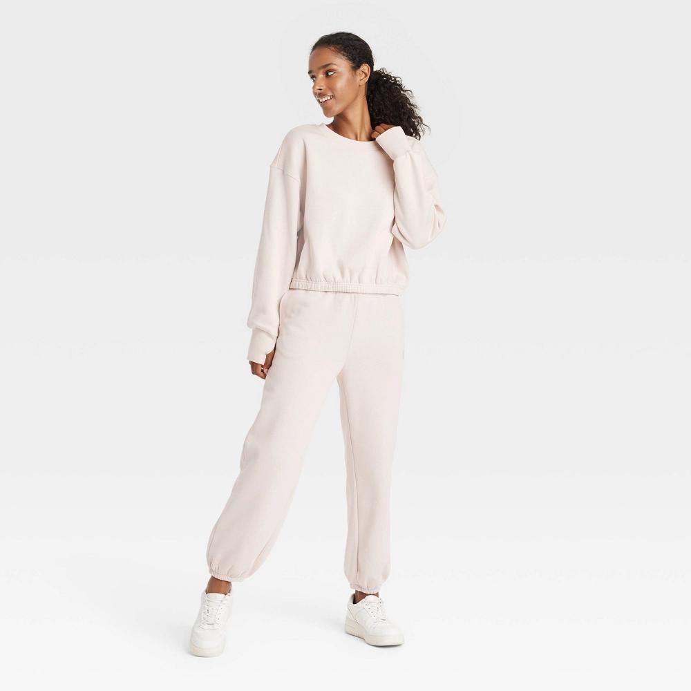 Womens Fleece Cropped Crewneck Pullover Sweatshirt - JoyLab Cream XXL Product Image