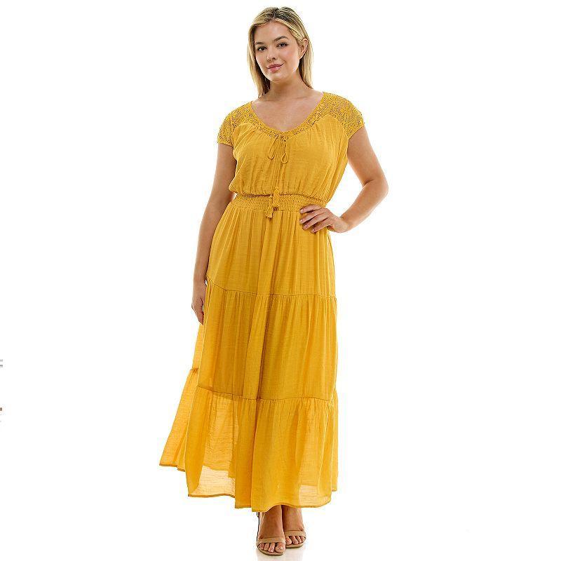 Plus Size Luxology Crochet Shoulder Gauze Maxi Dress, Womens Product Image