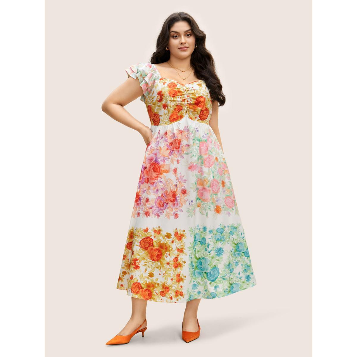 Plus Size Patchwork Floral Tiered Ruffle Sleeve Dress Multicolor Women Elegant Gathered Heart neckline Cap Sleeve Curvy BloomChic 26/4X Product Image