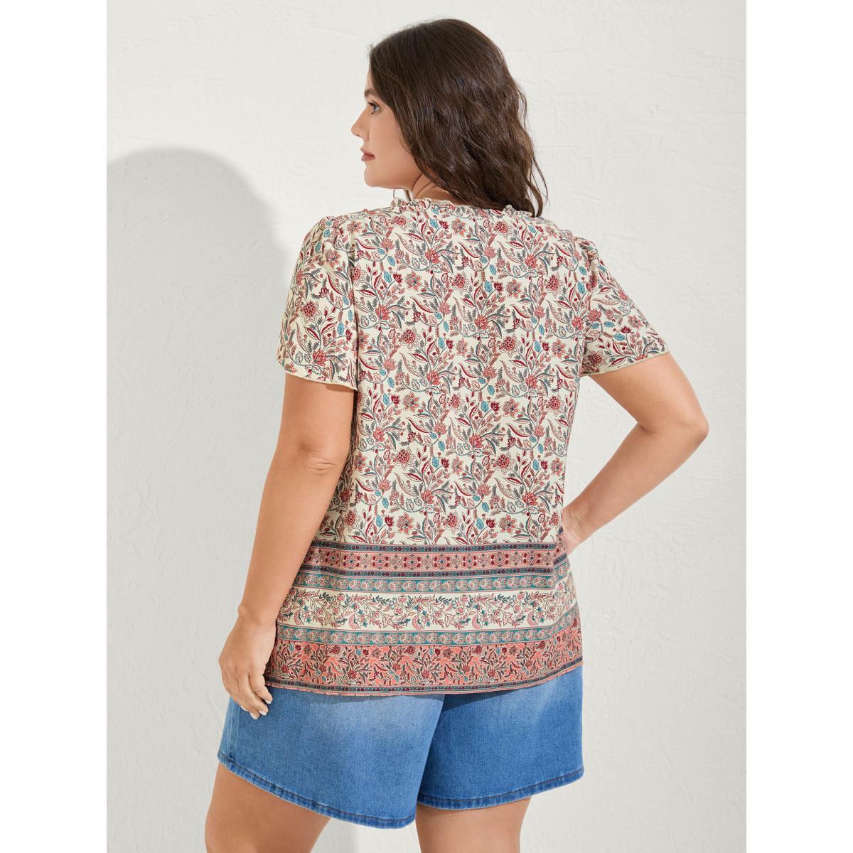 Plus Size Multicolor Sheer Lace Ruffled Neck Floral Blouse Women Short sleeve Round Neck Vacation Blouses BloomChic 12/L Product Image