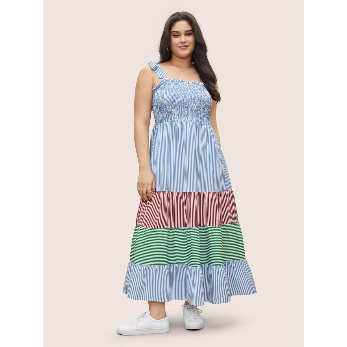 Plus Size Contrast Striped Patchwork Shirred Ties Dress LightBlue Women Casual Non Non Sleeveless Curvy Midi Dress BloomChic 28/5X Product Image