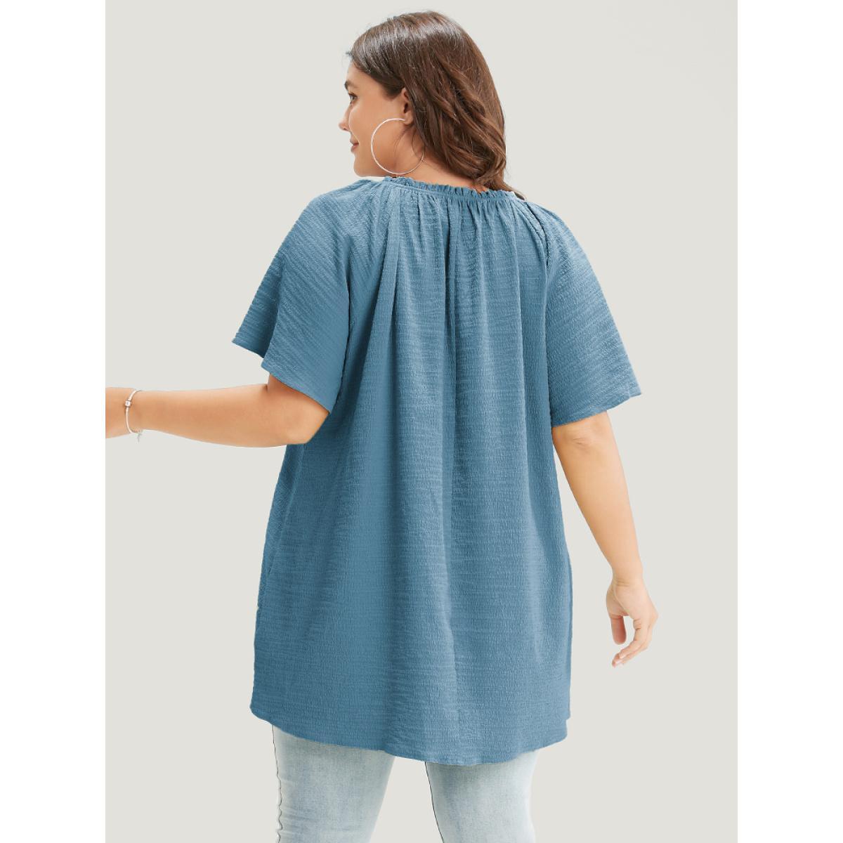 Plus Size Aegean Plain Notched High Low Hem Ruffle Sleeve Frill Trim Blouse Women Elegant Short sleeve V-neck Dailywear Blouses BloomChic 14-16/1X Product Image