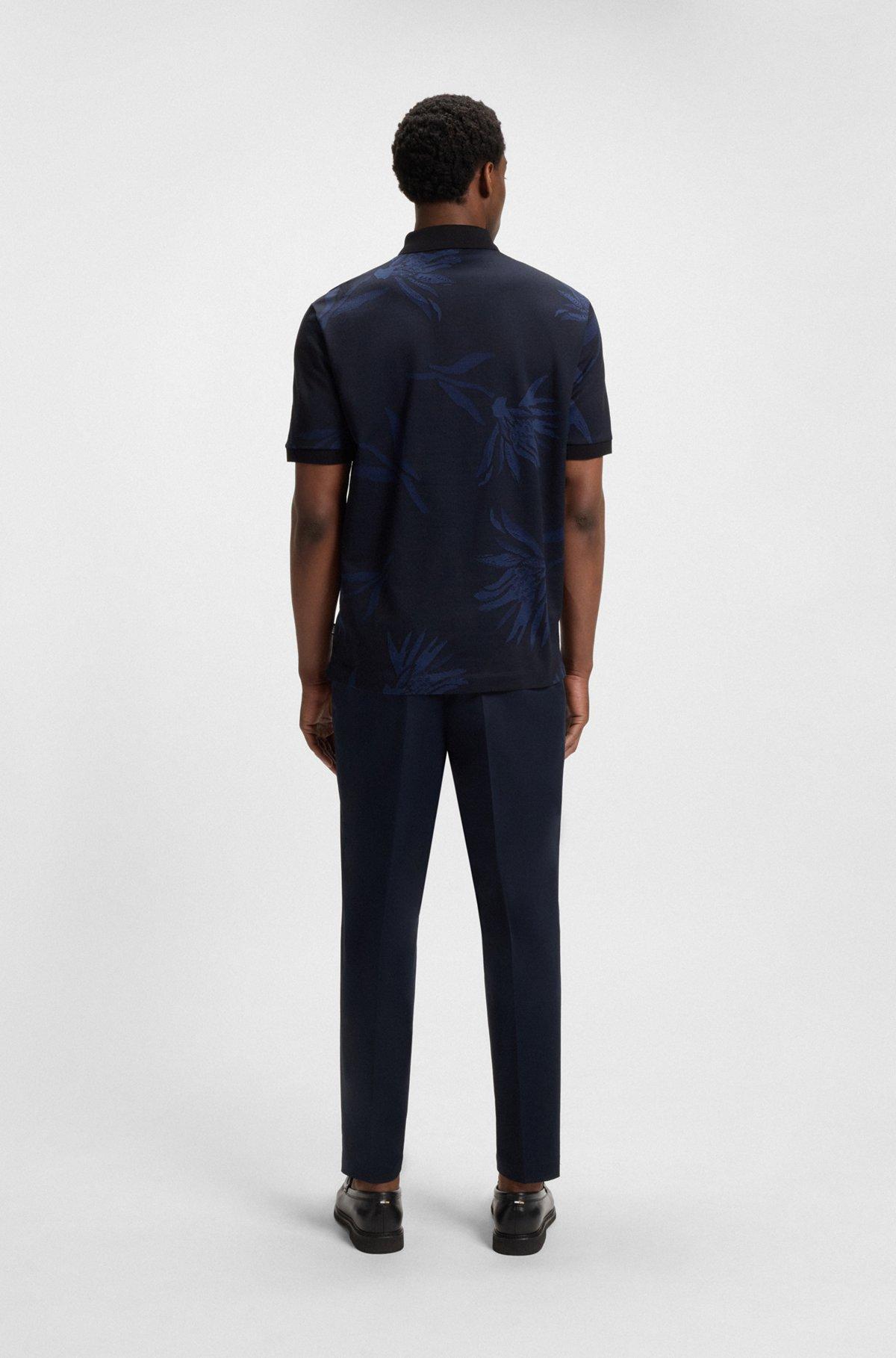 BOSS - Mercerized-cotton polo shirt with floral jacquard - Dark Blue Product Image