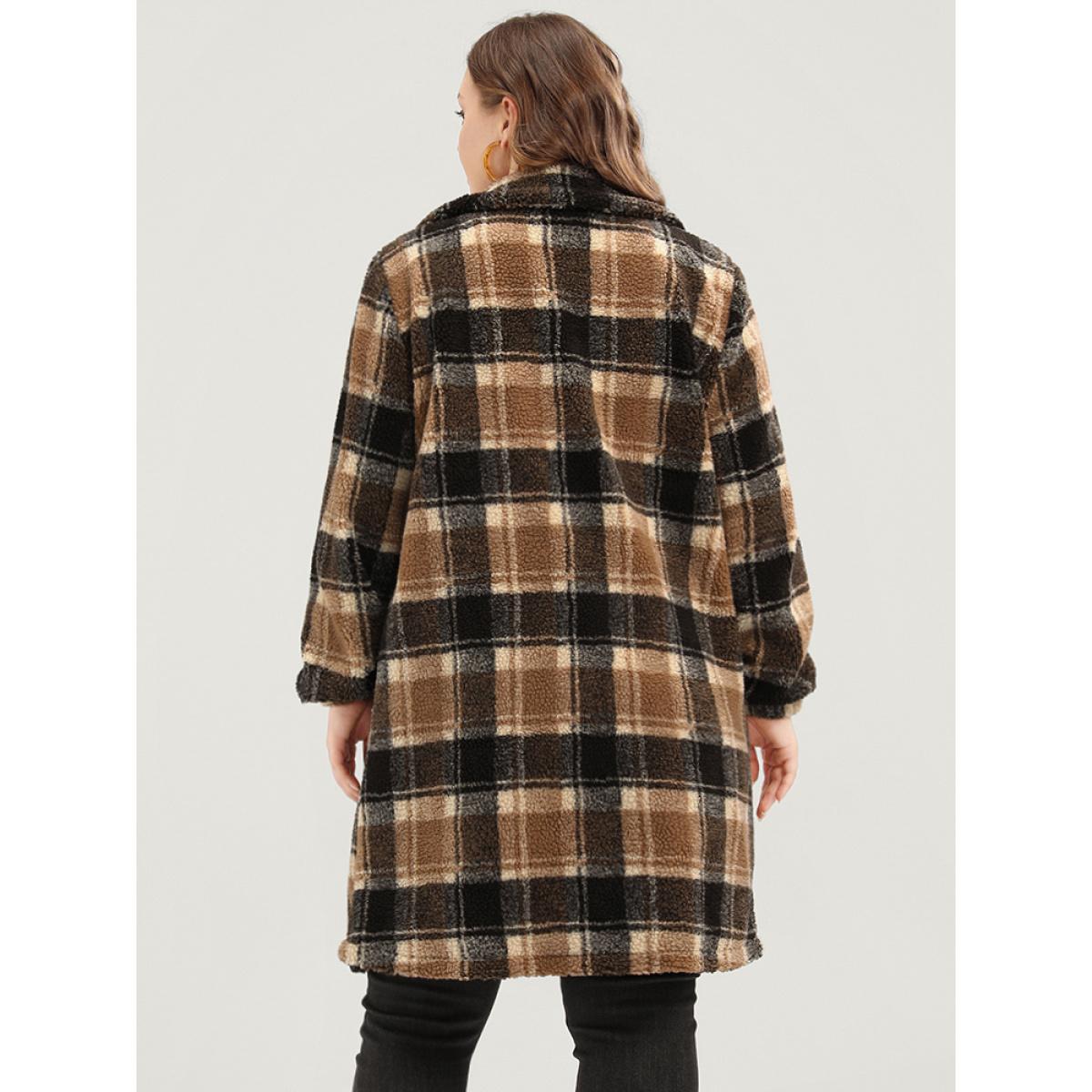 Plus Size Plaid Flap Pocket Button Up Teddy Coat Women Bronze Elegant Button Ladies Dailywear Winter Coats BloomChic 30/6X Product Image