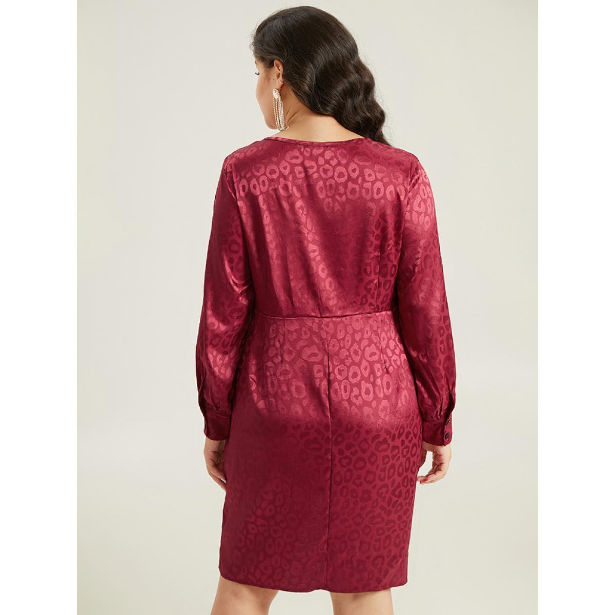Plus Size Solid V Neck Gathered Wrap Hem Dress Scarlet Women Party Plain V-neck Long Sleeve Curvy Knee Dress BloomChic 14-16/1X Product Image